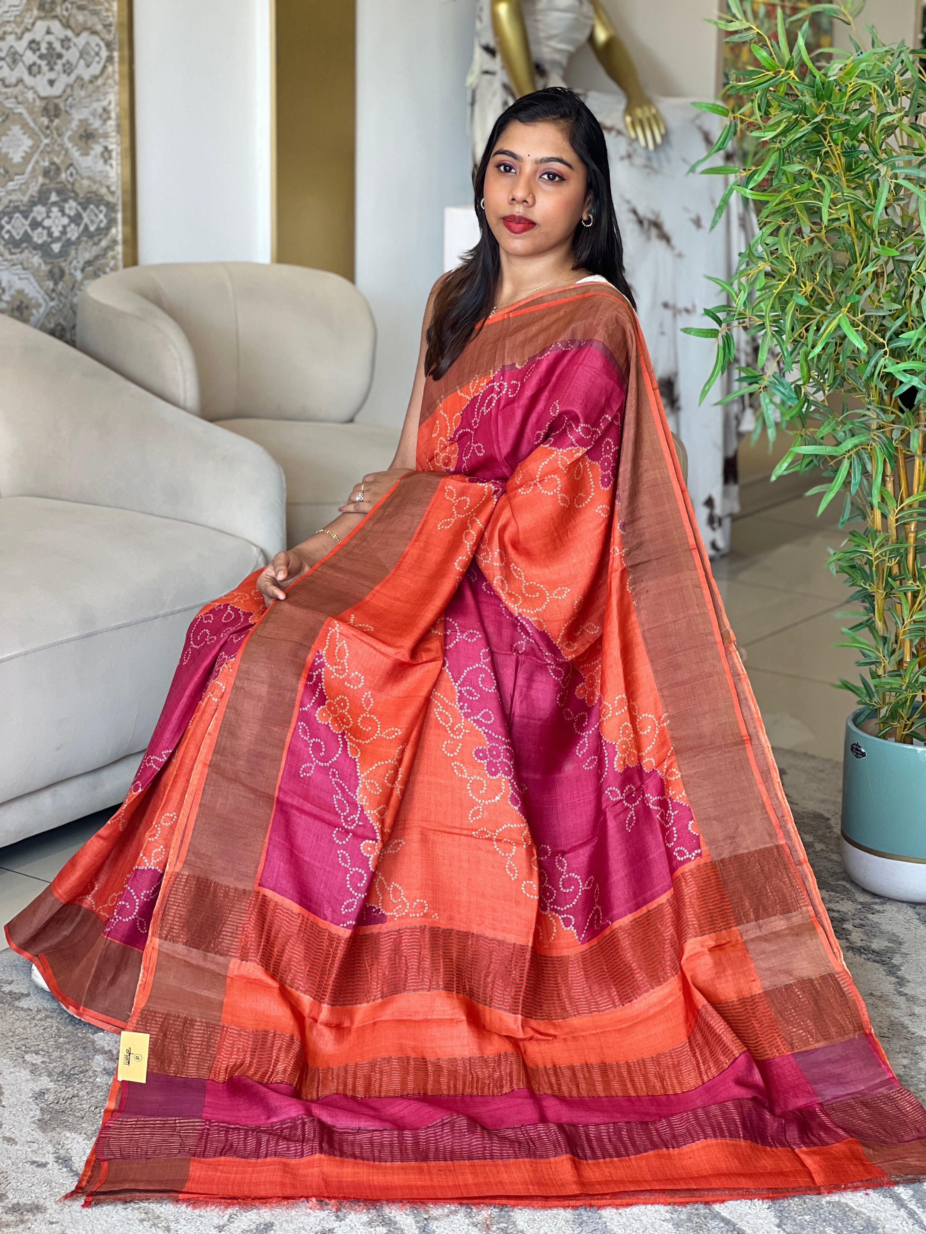 Shibori Tie & Dye Print Pattern Desi Tussar Saree | RGD1053