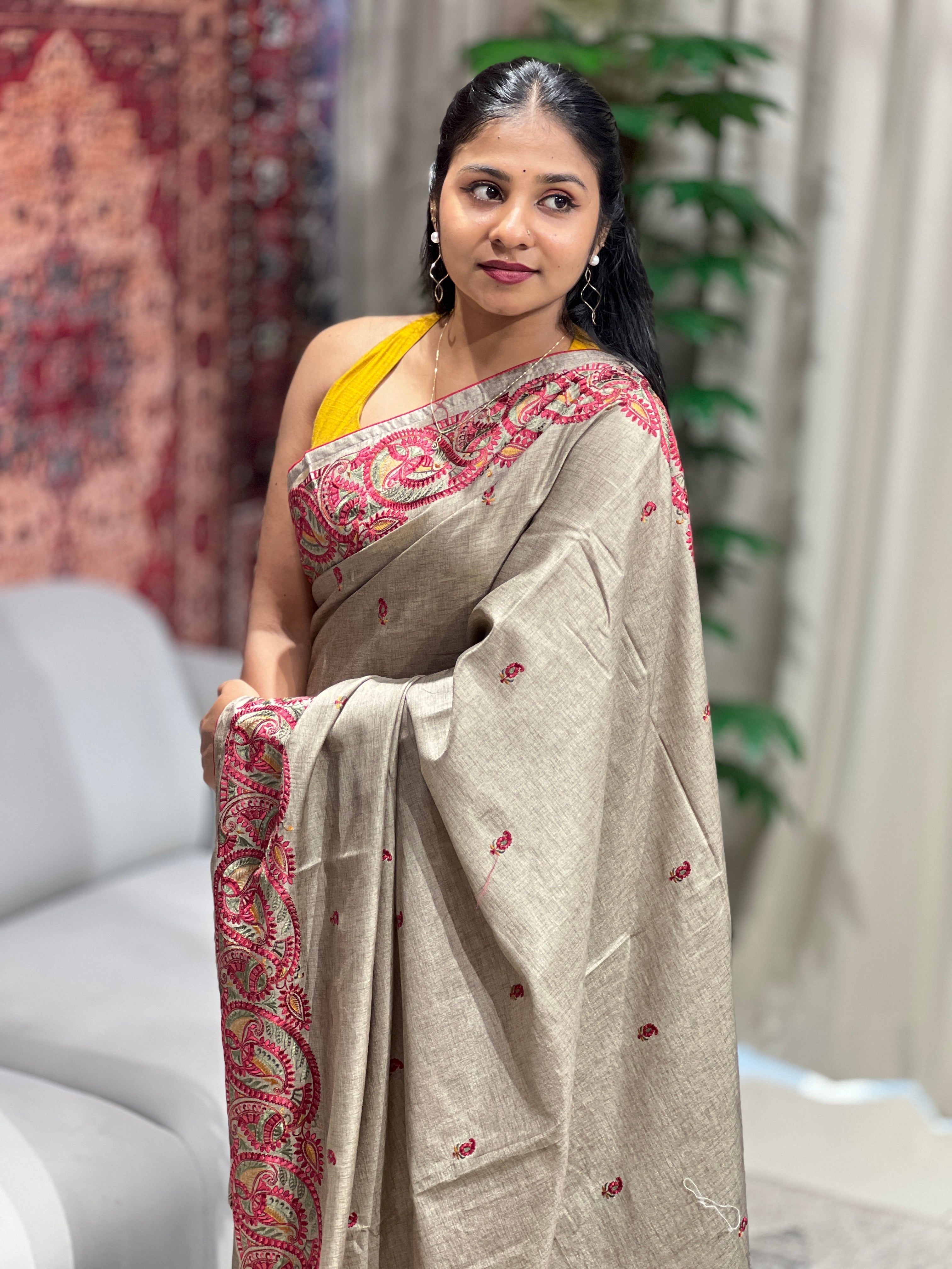 Machine Embroidery Detailed Tussar Saree | SUN479