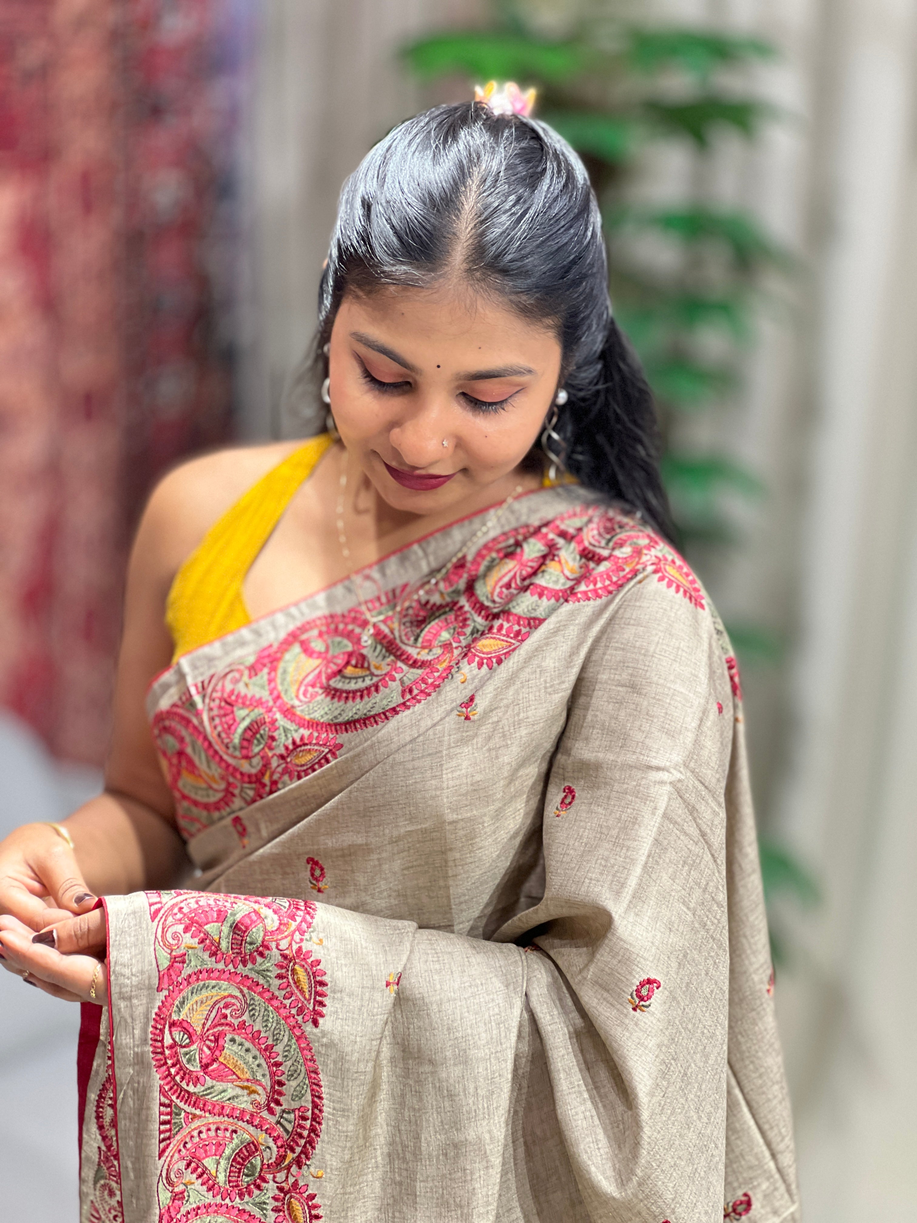 Machine Embroidery Detailed Tussar Saree | SUN479