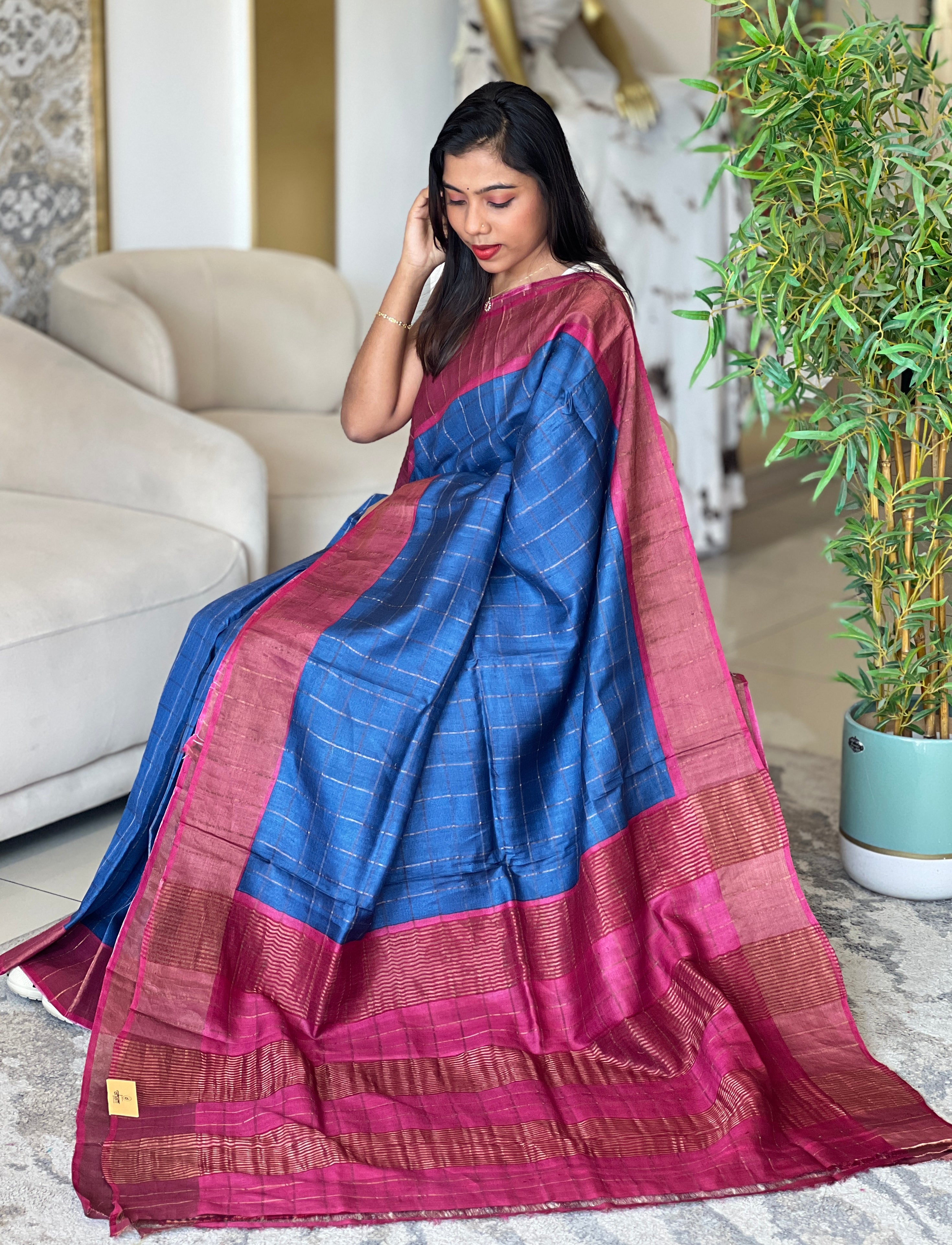 Zari Woven Check Patterned Tussar Saree | RGD1046