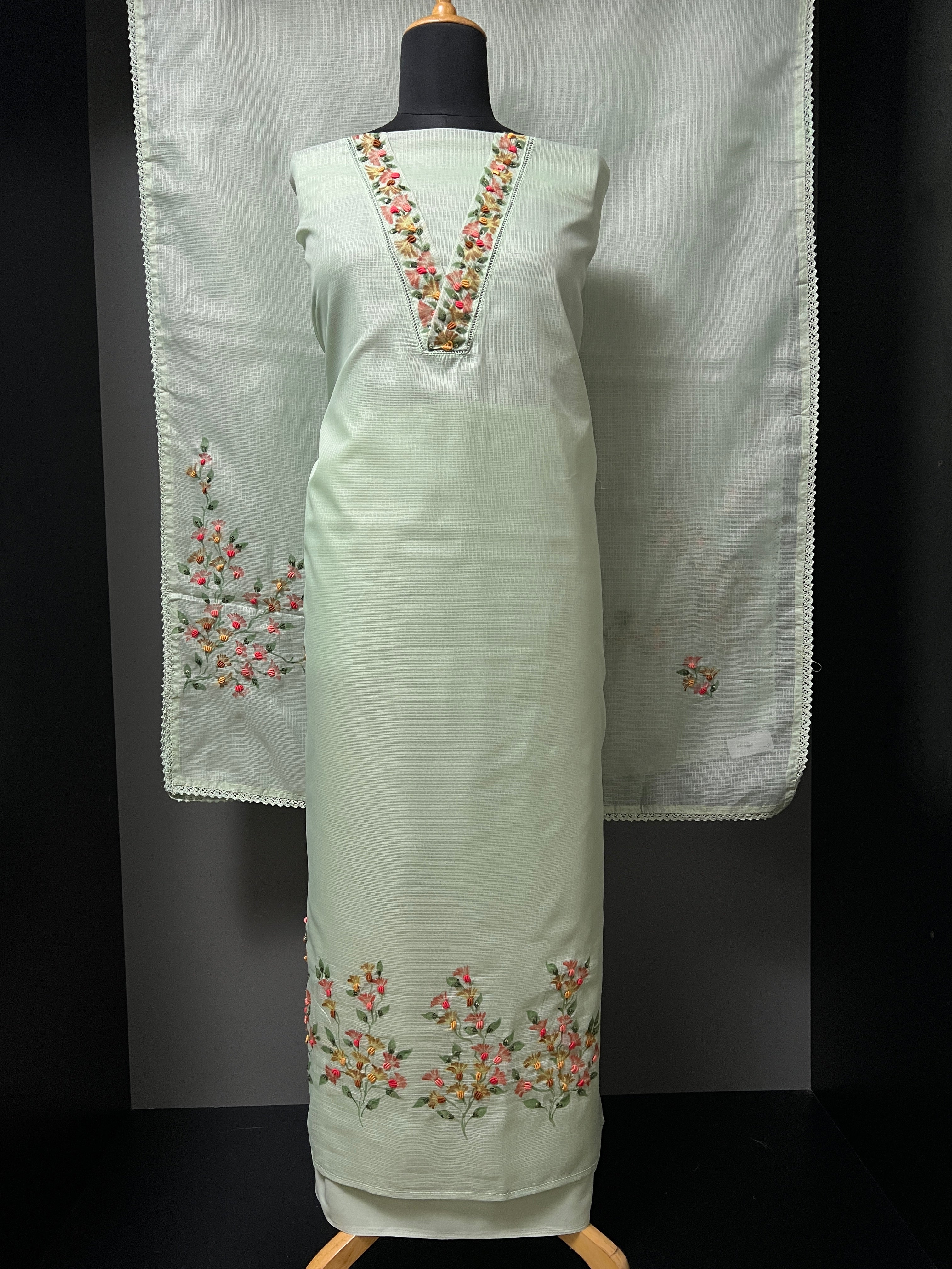V Neck Hand Embroidery Detailing Silky Kota Salwar Set | BLD1051