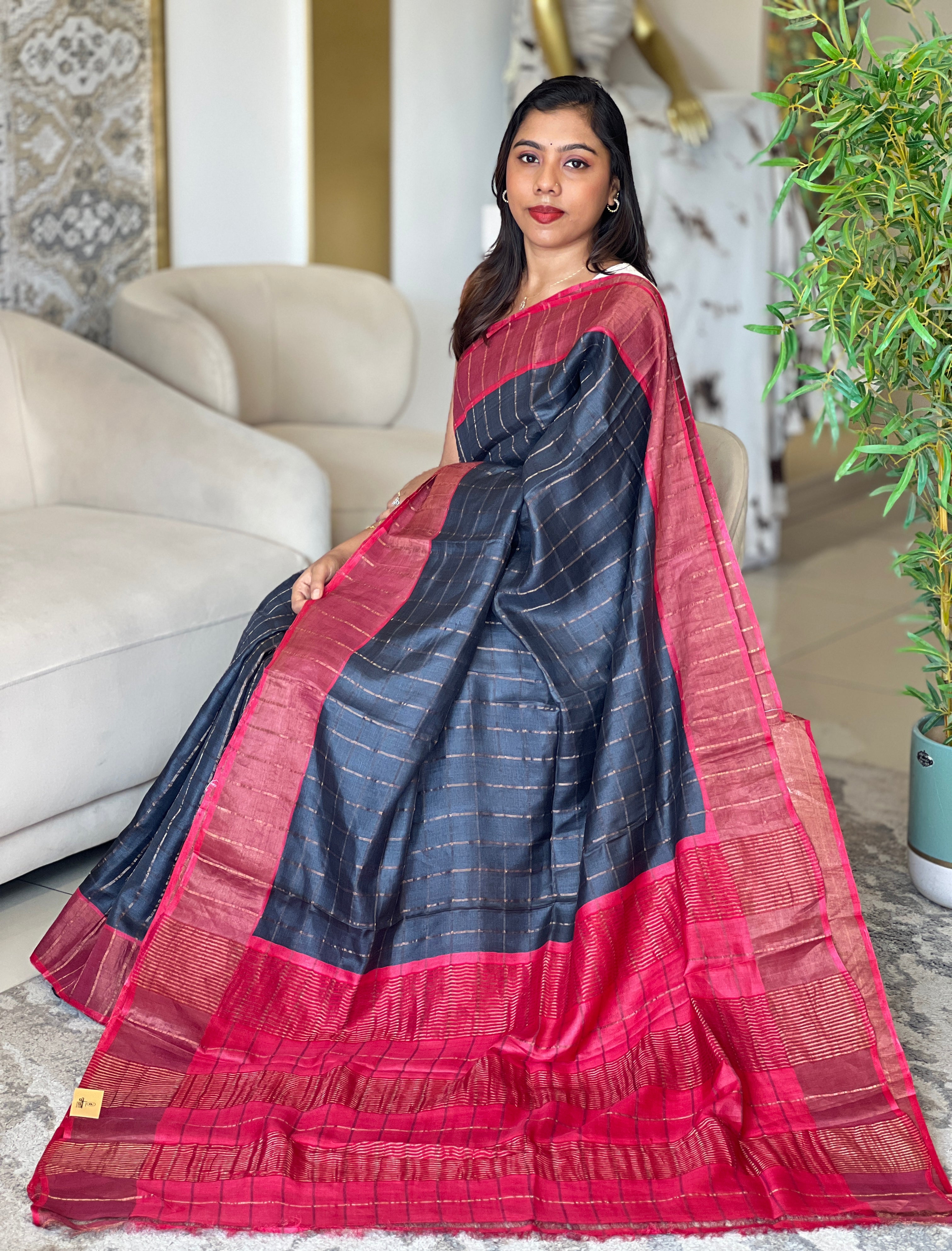 Zari Woven Check Patterned Tussar Saree | RGD1048
