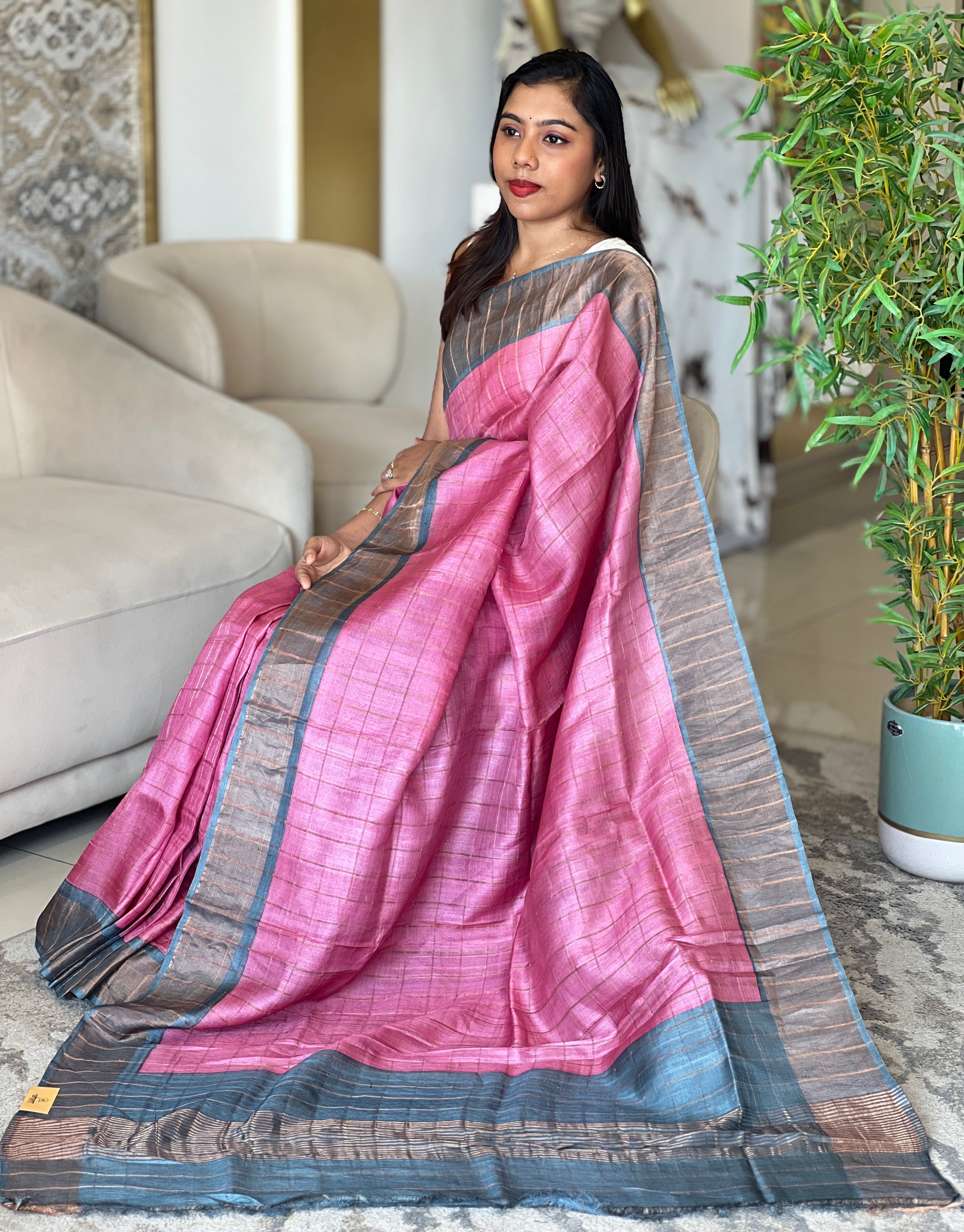 Zari Woven Check Patterned Tussar Saree | RGD1047