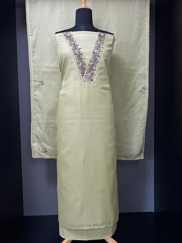V neck Hand Embroidery Detailing Silky Kota Salwar Set | BLD1054