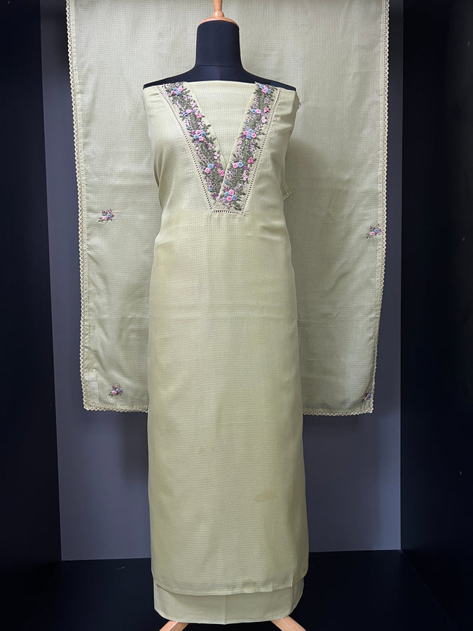 V neck Hand Embroidery Detailing Silky Kota Salwar Set | BLD1054