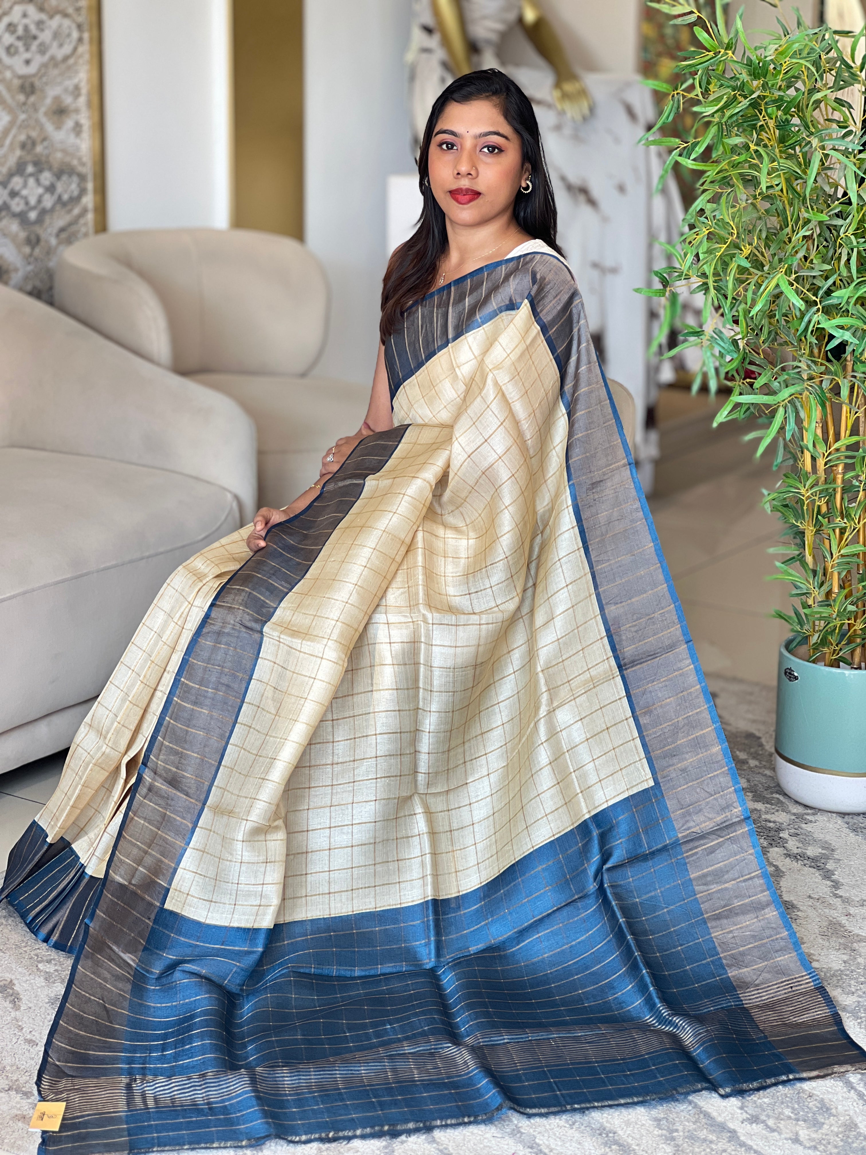 Zari Woven Check Patterned Tussar Saree | RGD1044