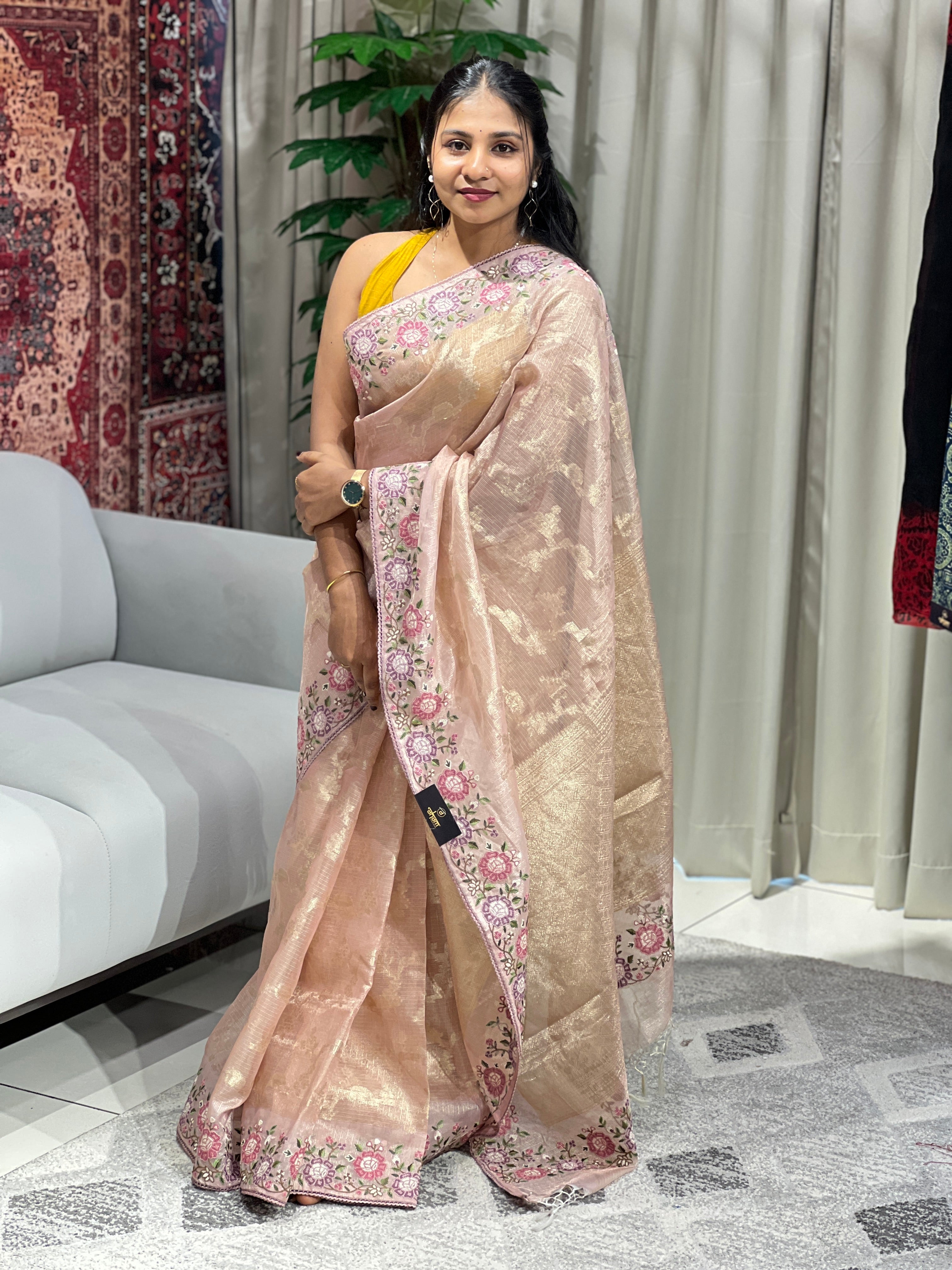 Banarasi & Floral Embroidery Detailed Tissue Organza Saree | SUN510