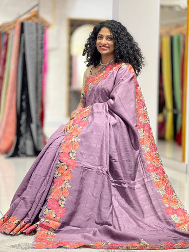 Floral Embroidered Geecha Tussar Saree | BLD688