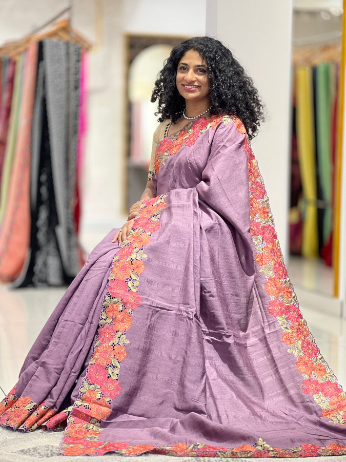 Floral Embroidered Geecha Tussar Saree | BLD688