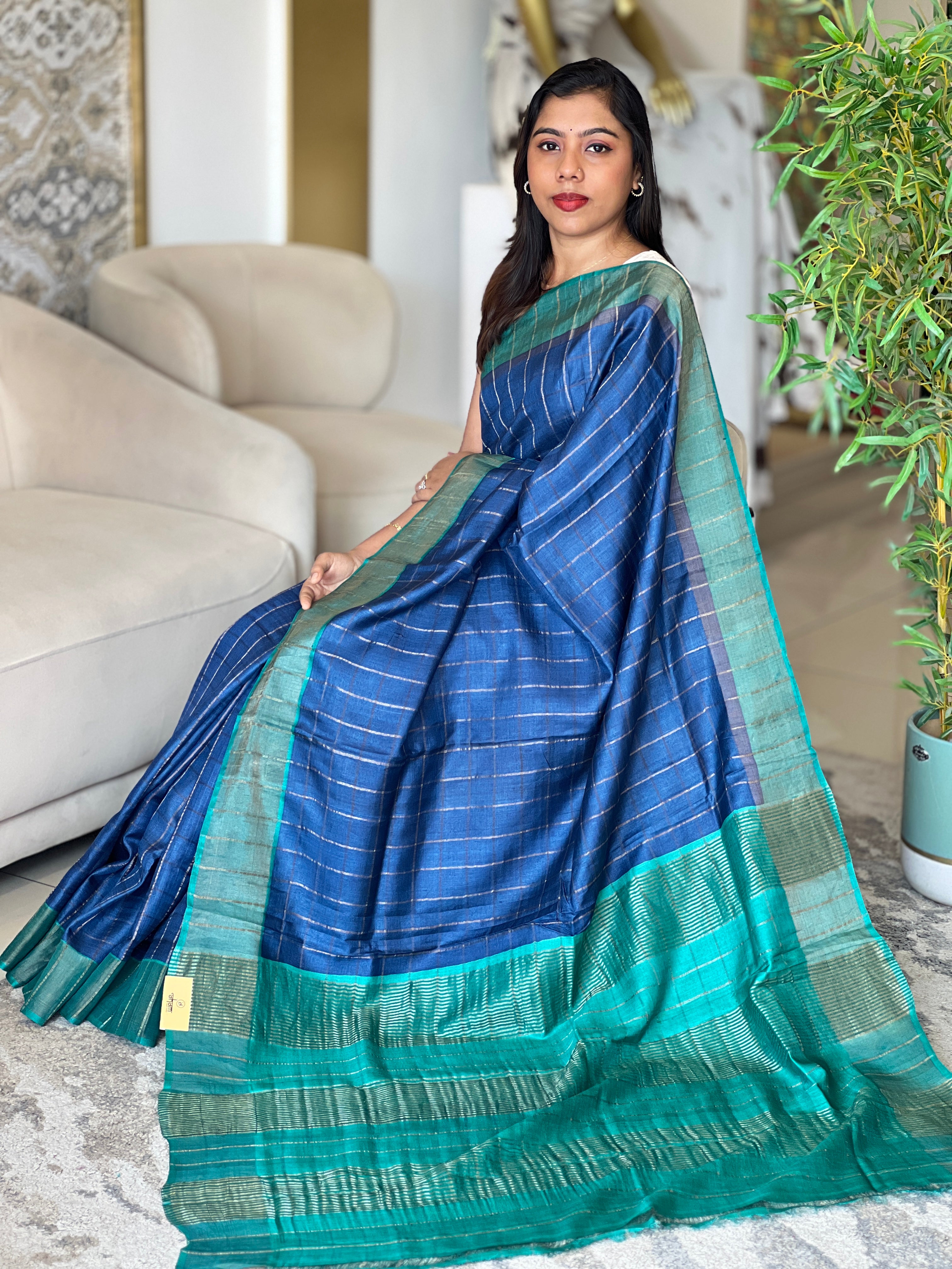 Zari Woven Check Patterned Tussar Saree | RGD1041