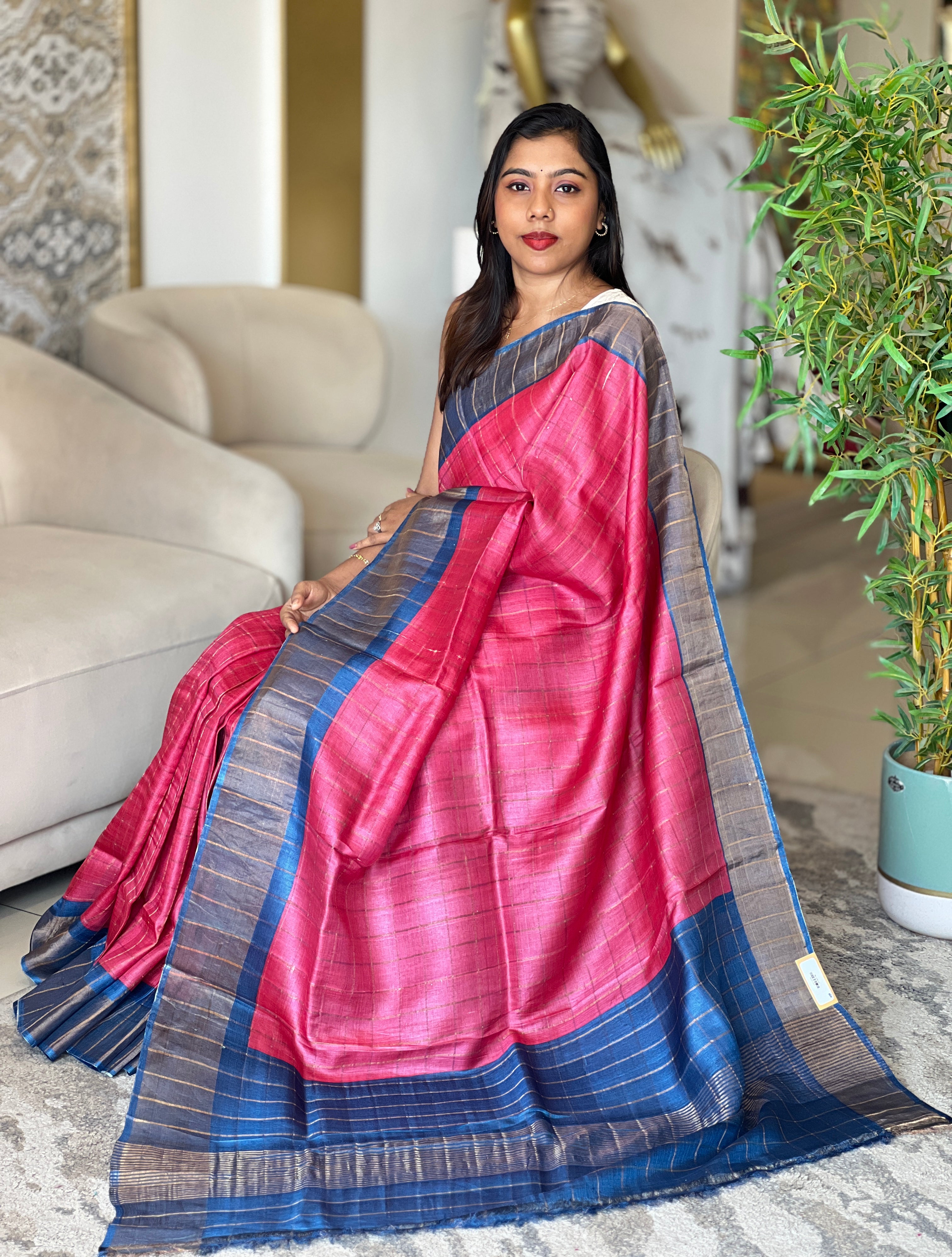 Zari Woven Check Patterned Tussar Saree | RGD1045