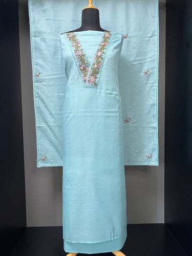 V neck Hand Embroidery Detailing Silky Kota Salwar Set | BLD1052