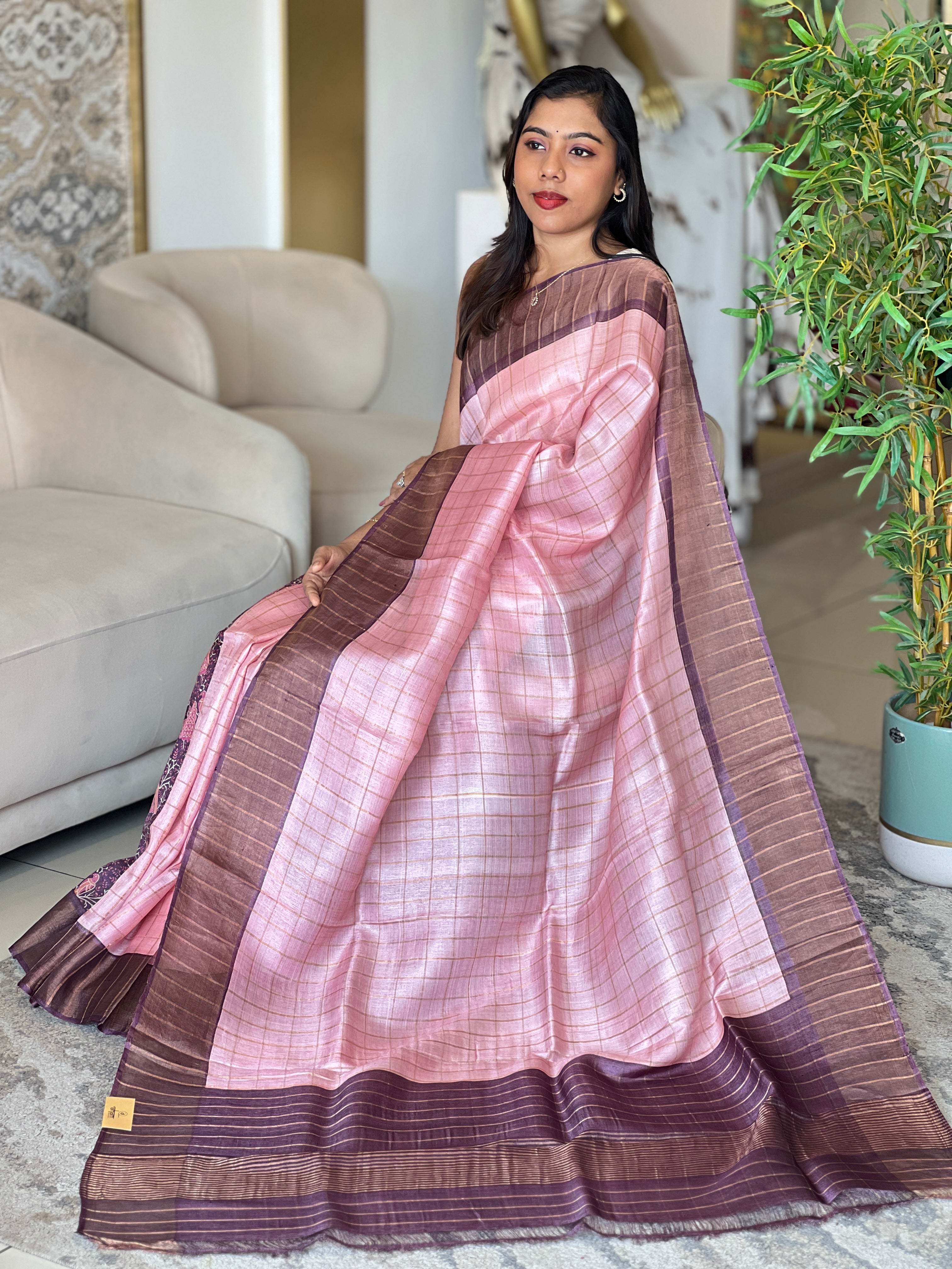 Zari Woven Check Patterned Tussar Saree | RGD1043