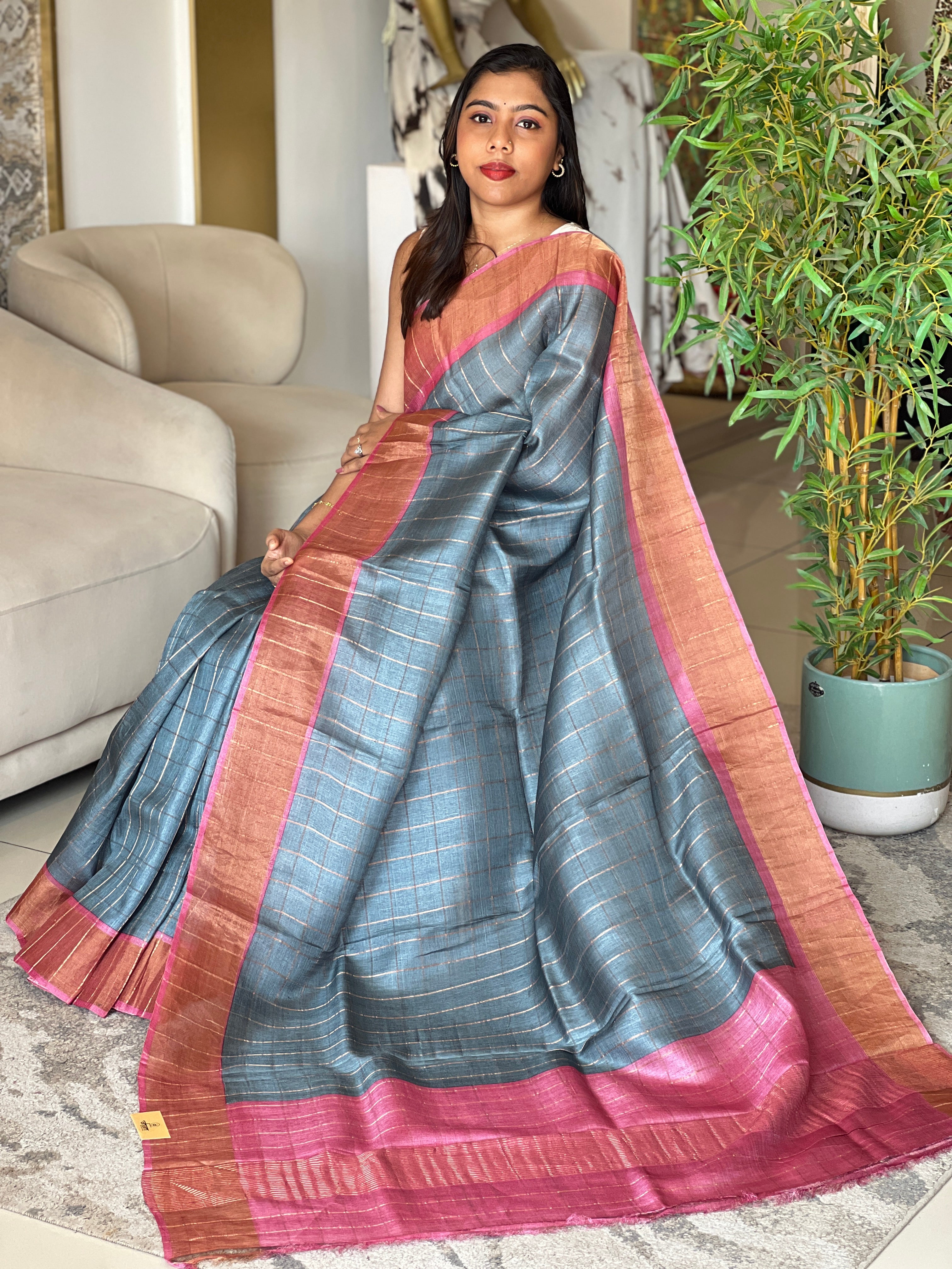 Zari Woven Check Patterned Tussar Saree | RGD1037