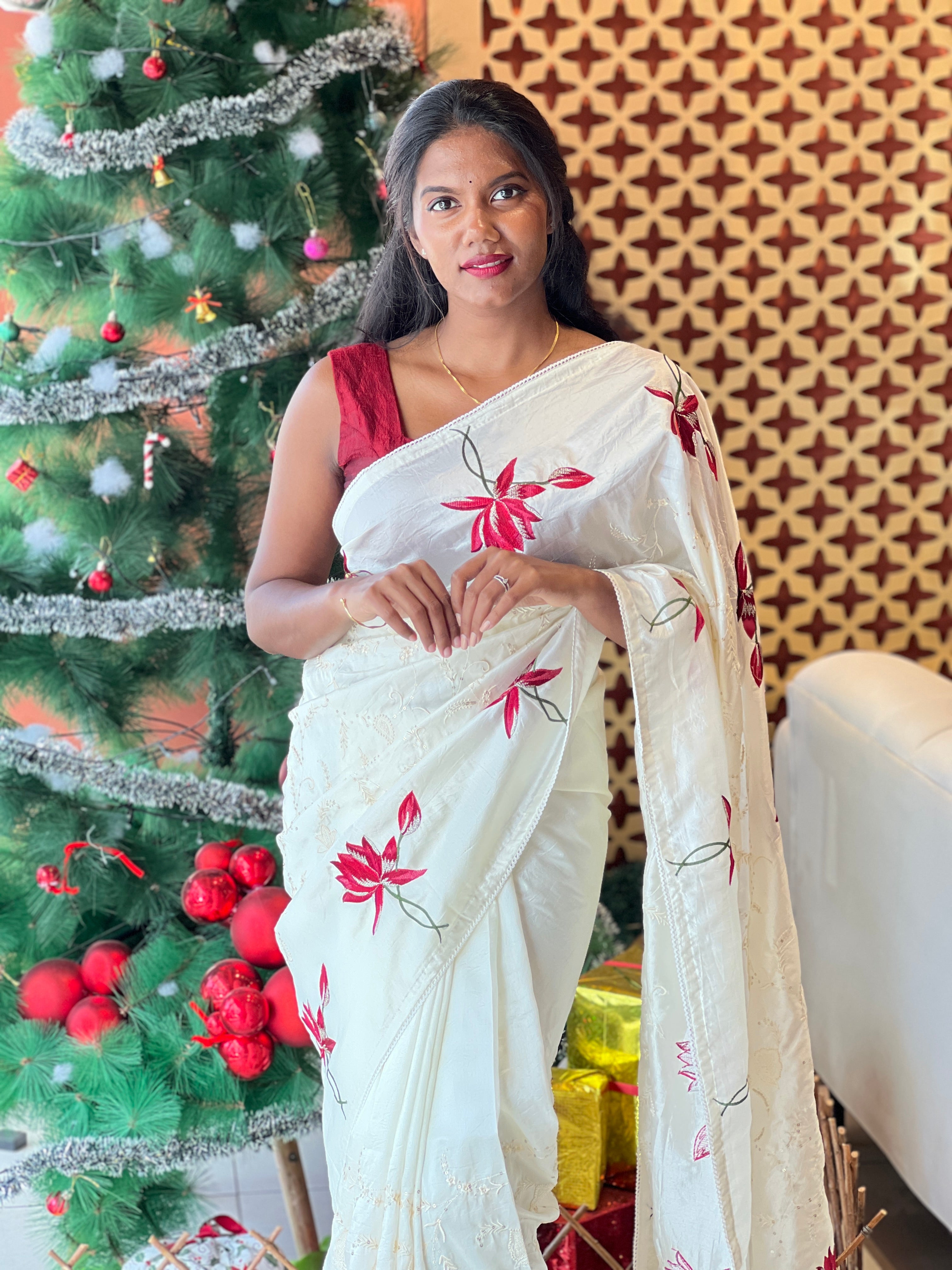 Floral Machine Embroidery Semi Tussar Saree | BLD2061