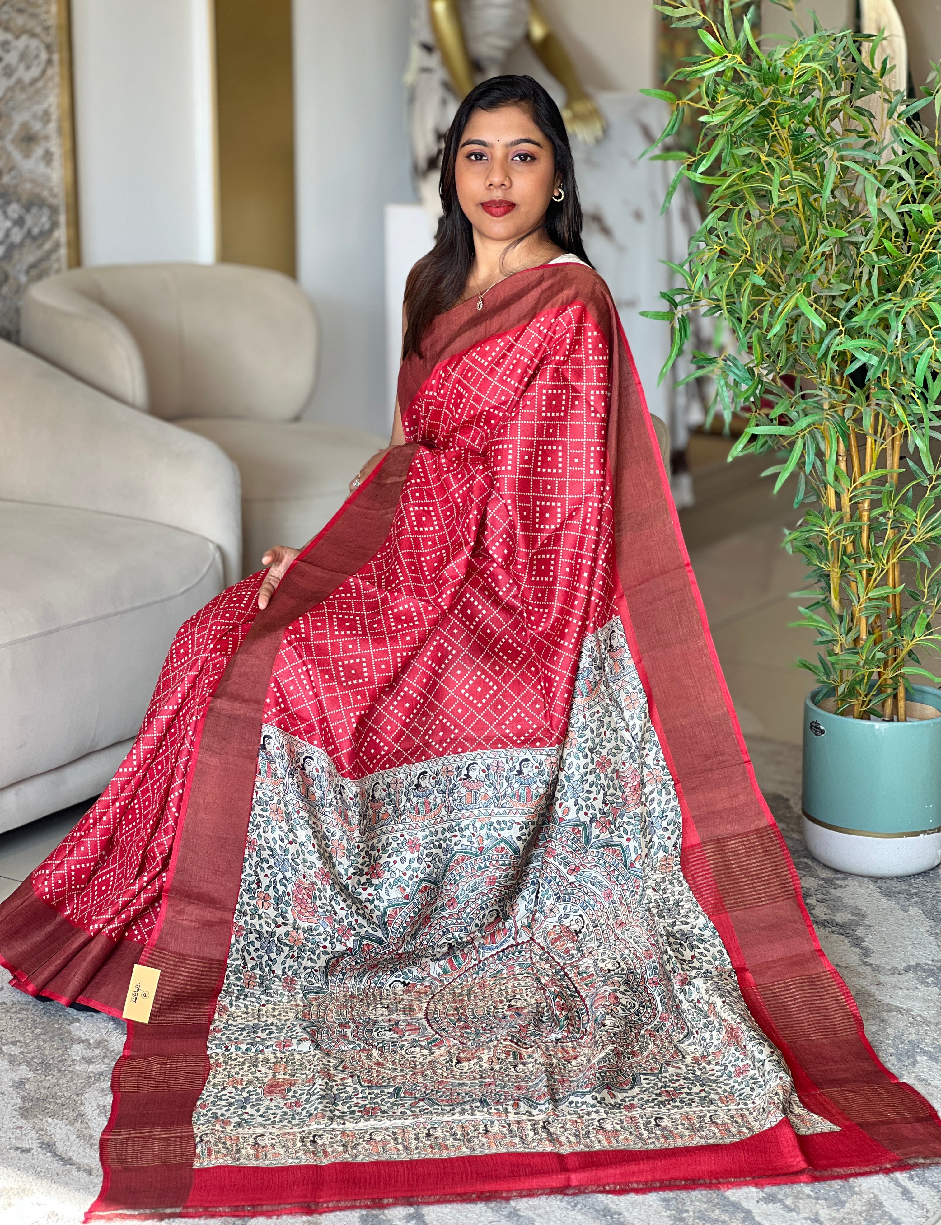 Bandhani & Madhubani Print Detailed Tussar Saree | RGD1055