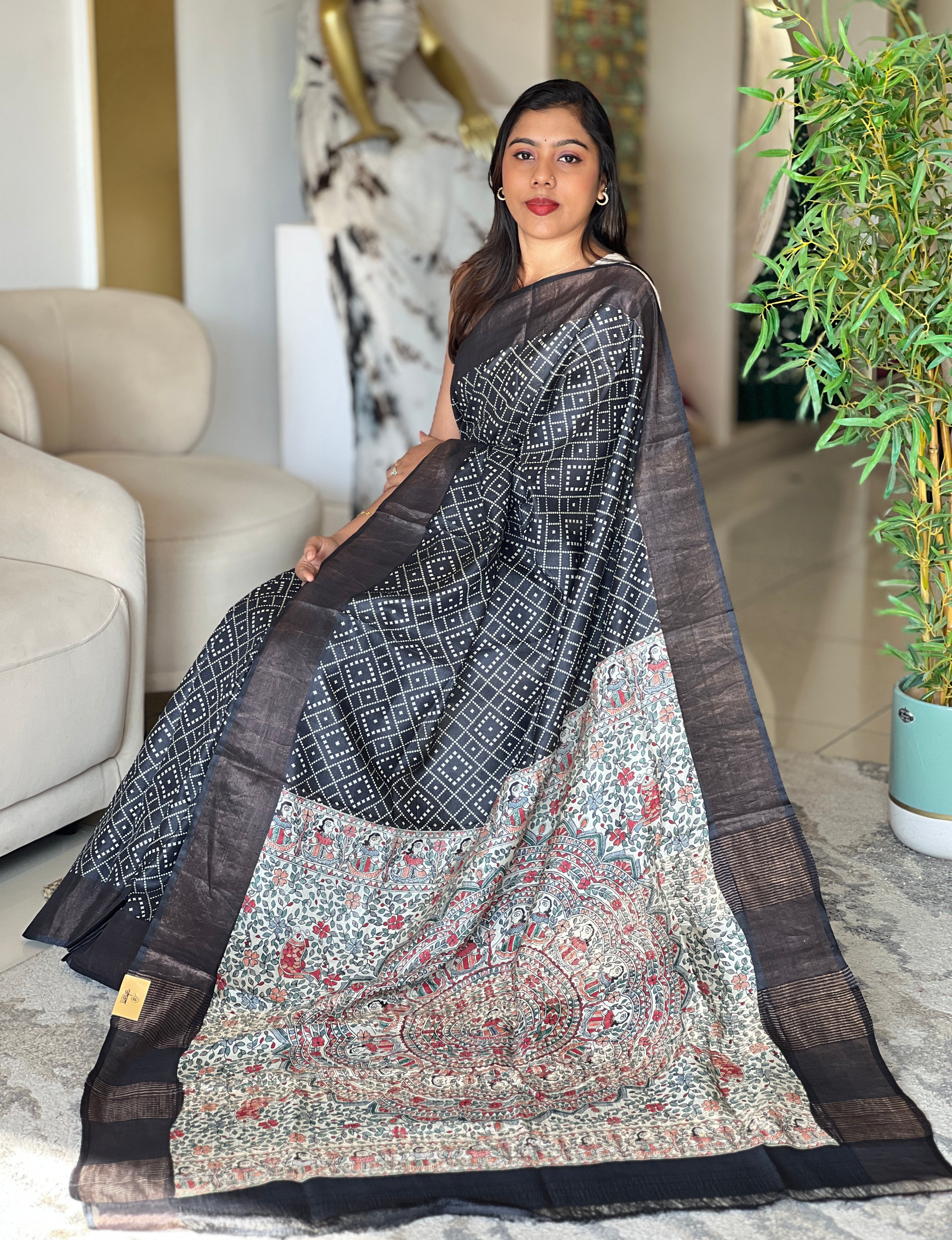 Bandhani & Madhubani Print Detailed Tussar Saree | RGD1056