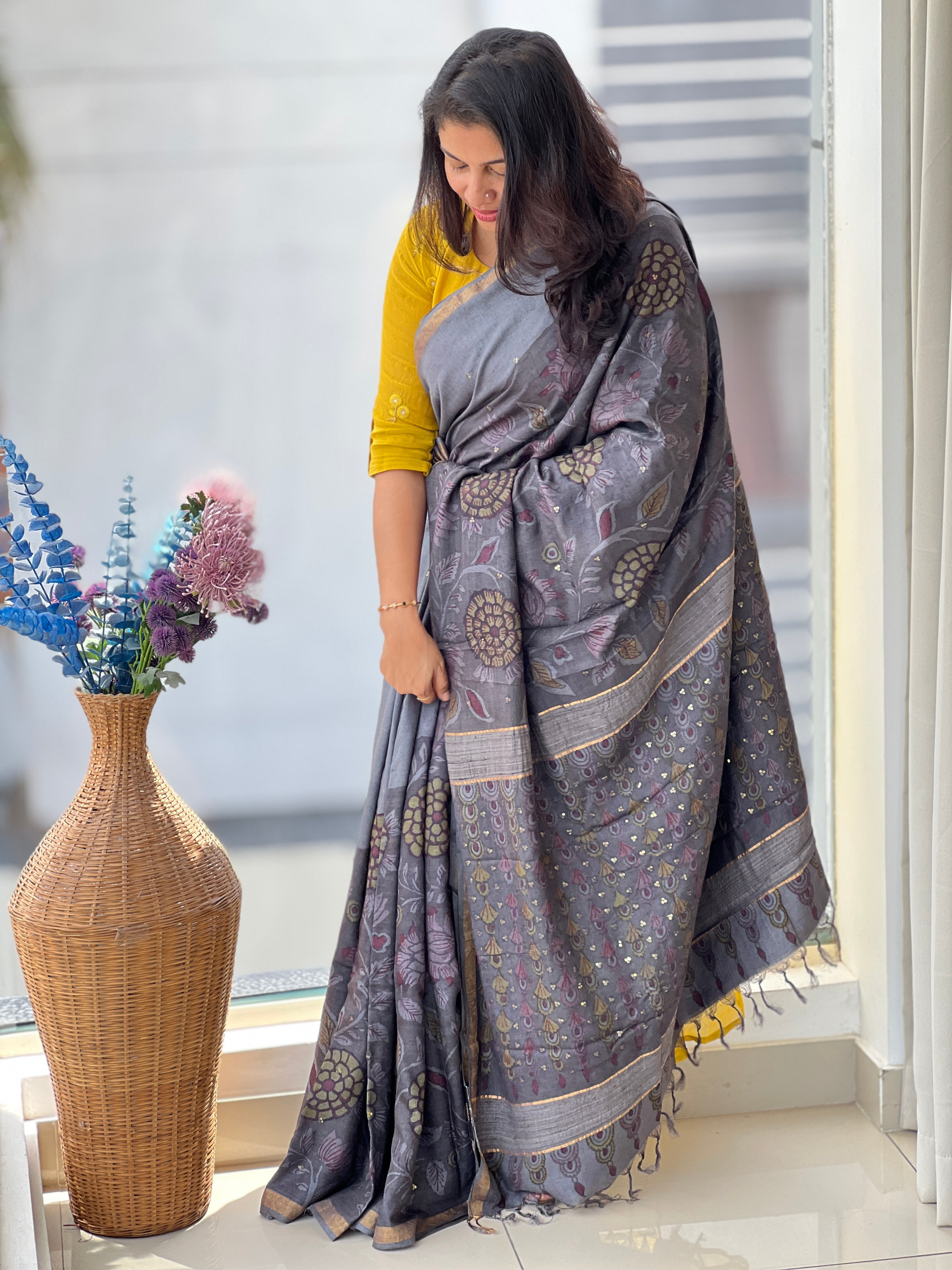 Pen Kalamkari With Basket Weaved Muga Tussar Saree | SHA102
