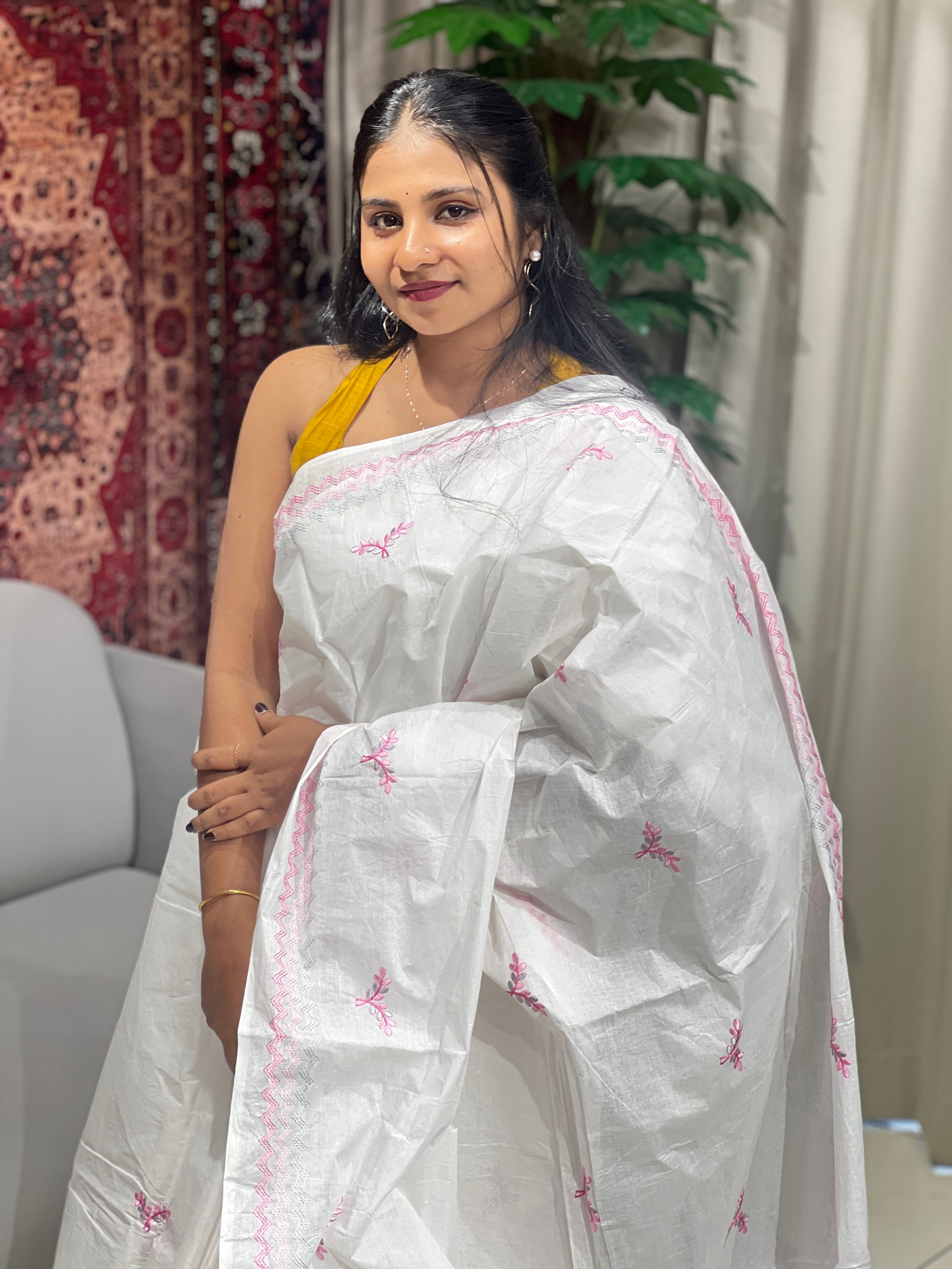 Embroidery Detailed Organdy Cotton Saree | VDA320