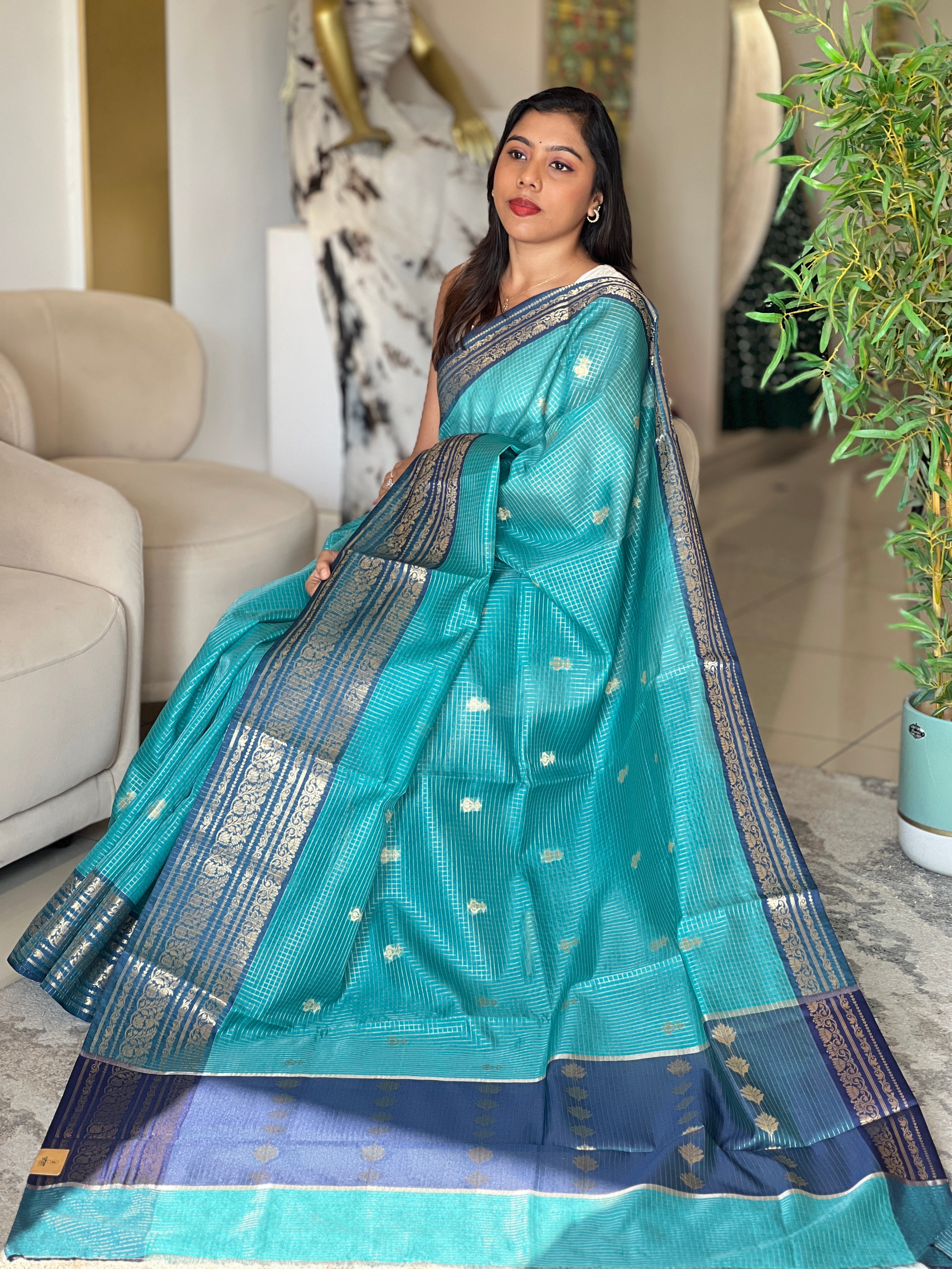 Zari Woven Check Patterned Semi Silk Saree | NN491