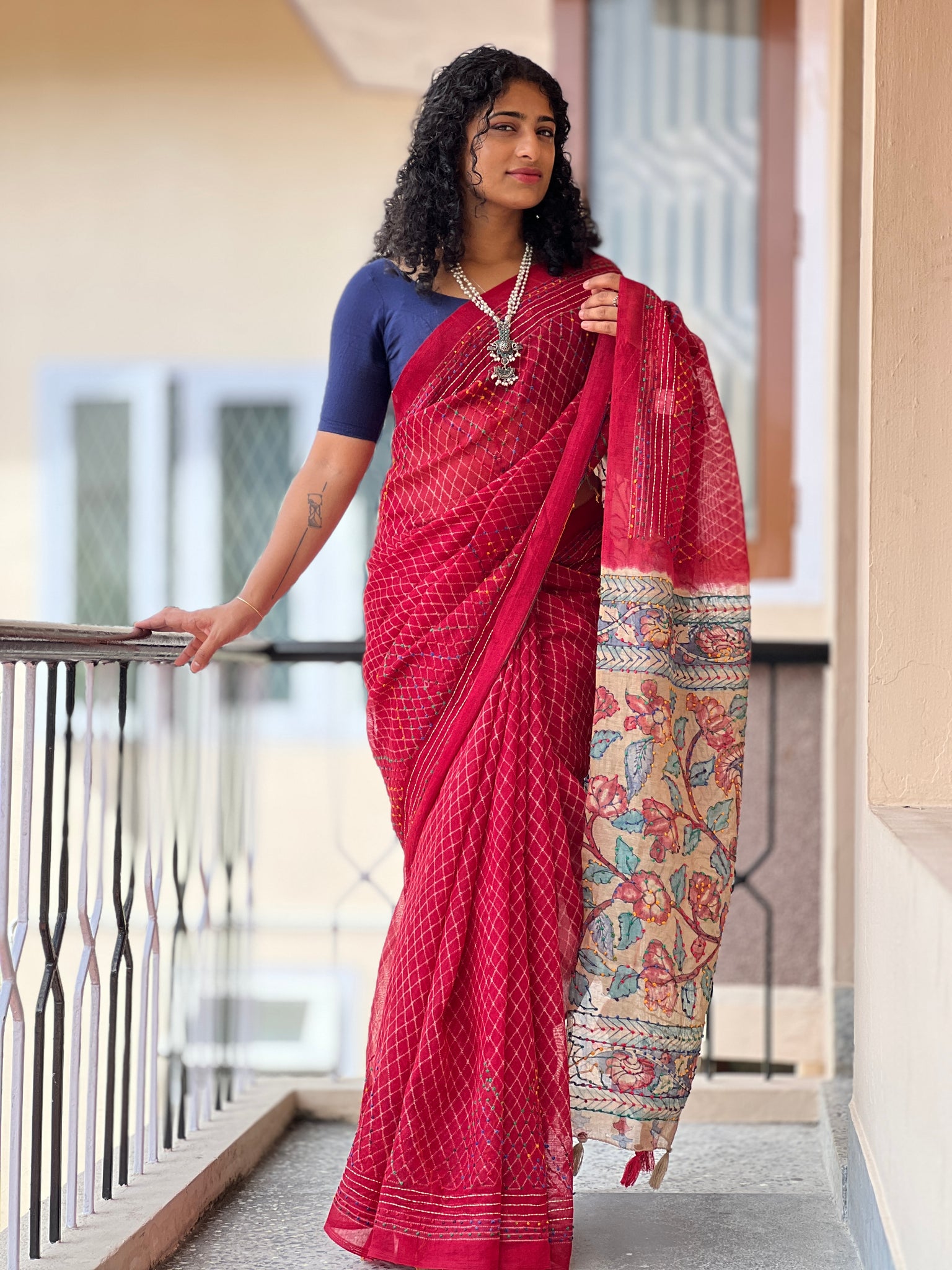 Light Brown Kalamkari Digital Printed Linen Saree With Tassels