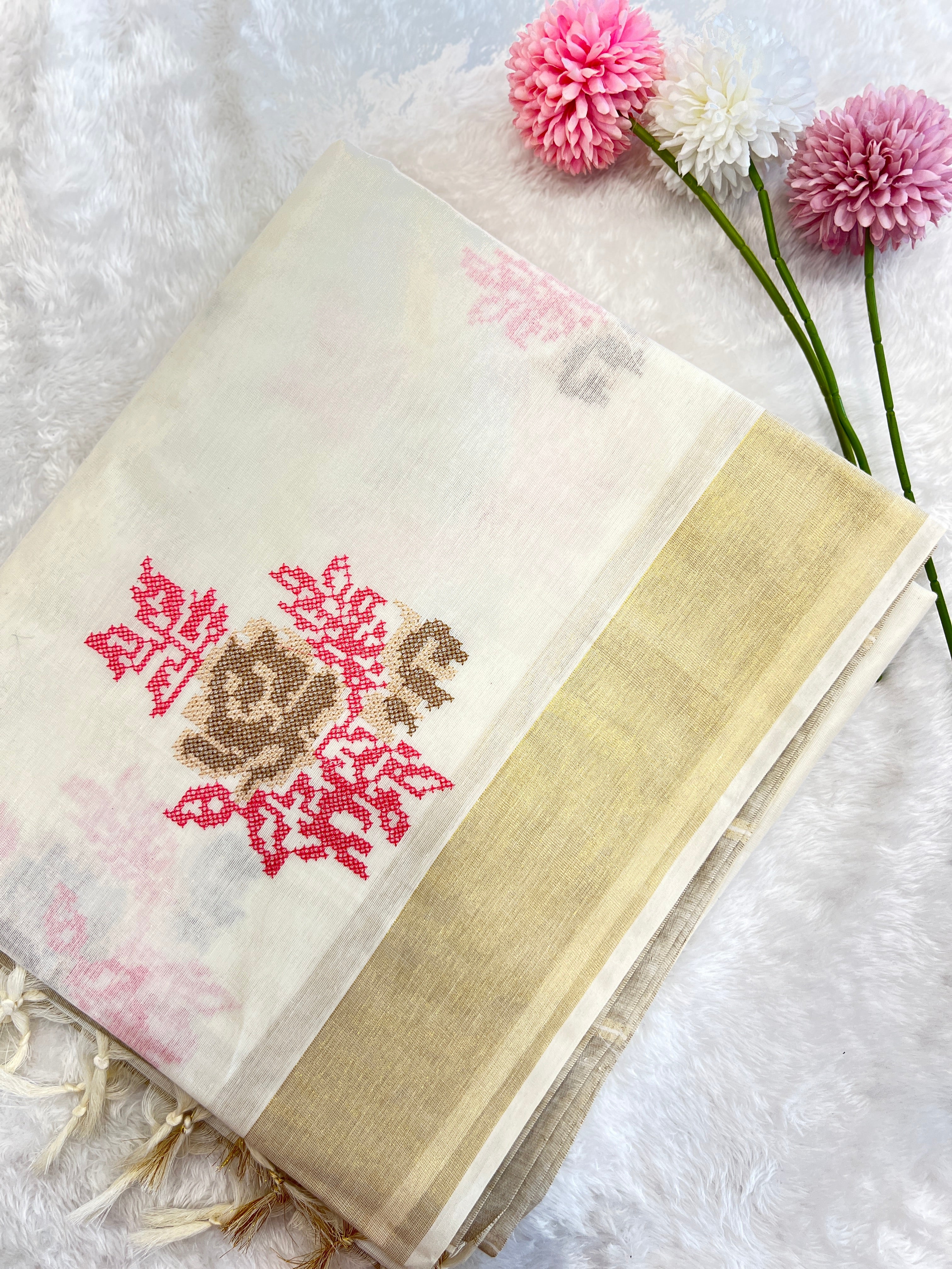 Machine Embroidered Kerala Cotton Saree | RVS120