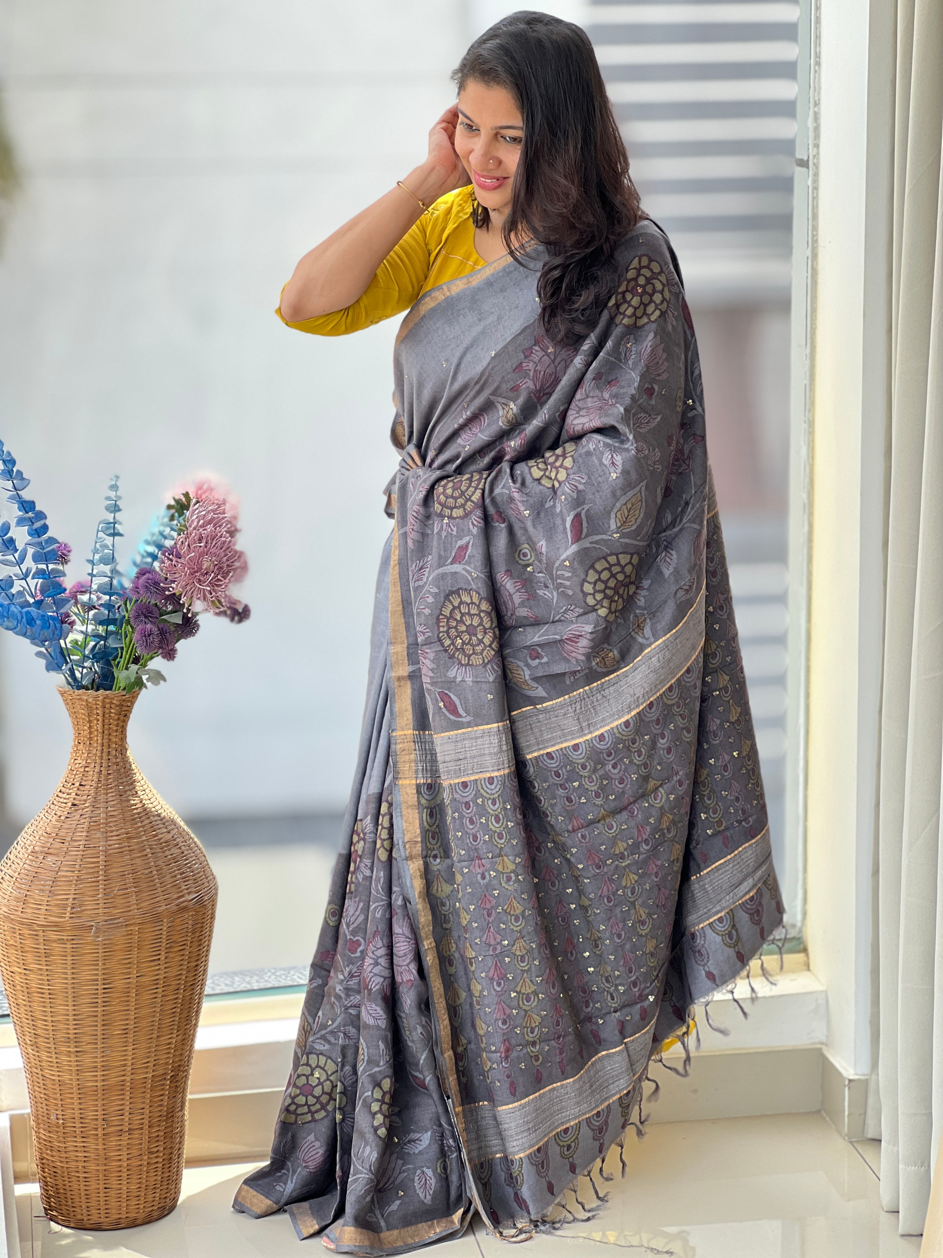 Pen Kalamkari With Basket Weaved Muga Tussar Saree | SHA102