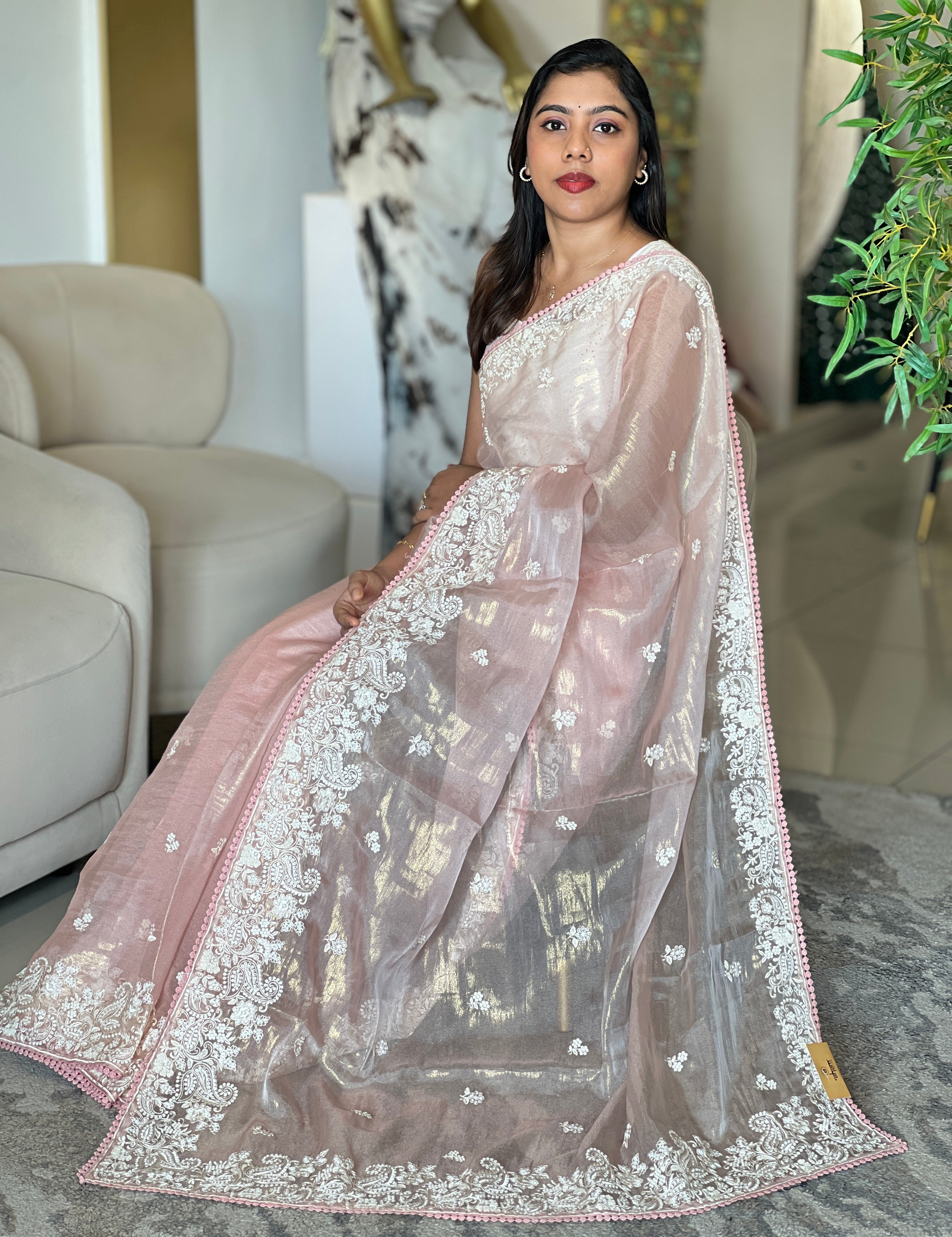 Lucknowi Embroidery Detailed Viscose Crushed Organza Saree | BLD2160