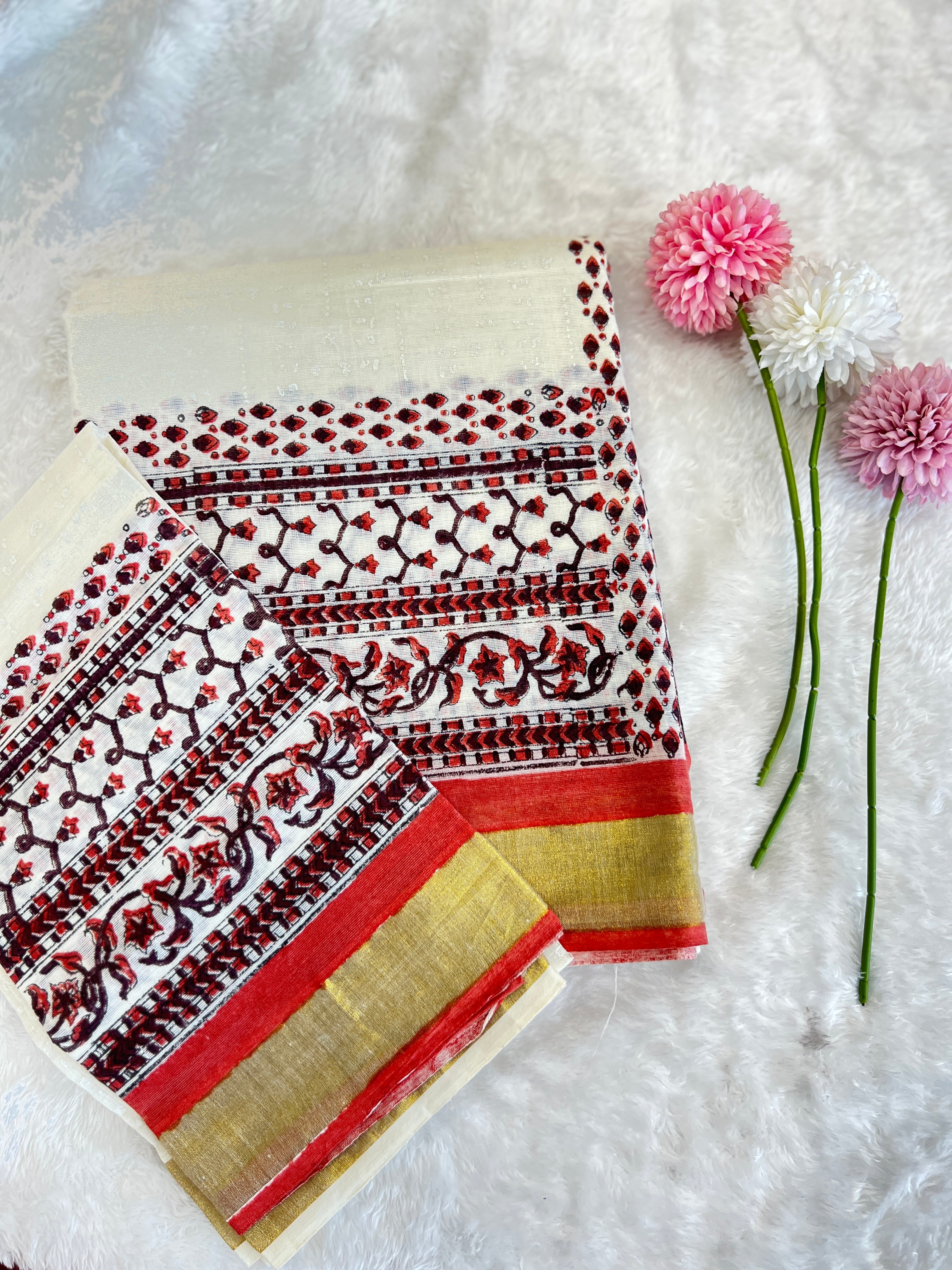 Traditional Block-Printed Kerala Cotton Saree | JSC720