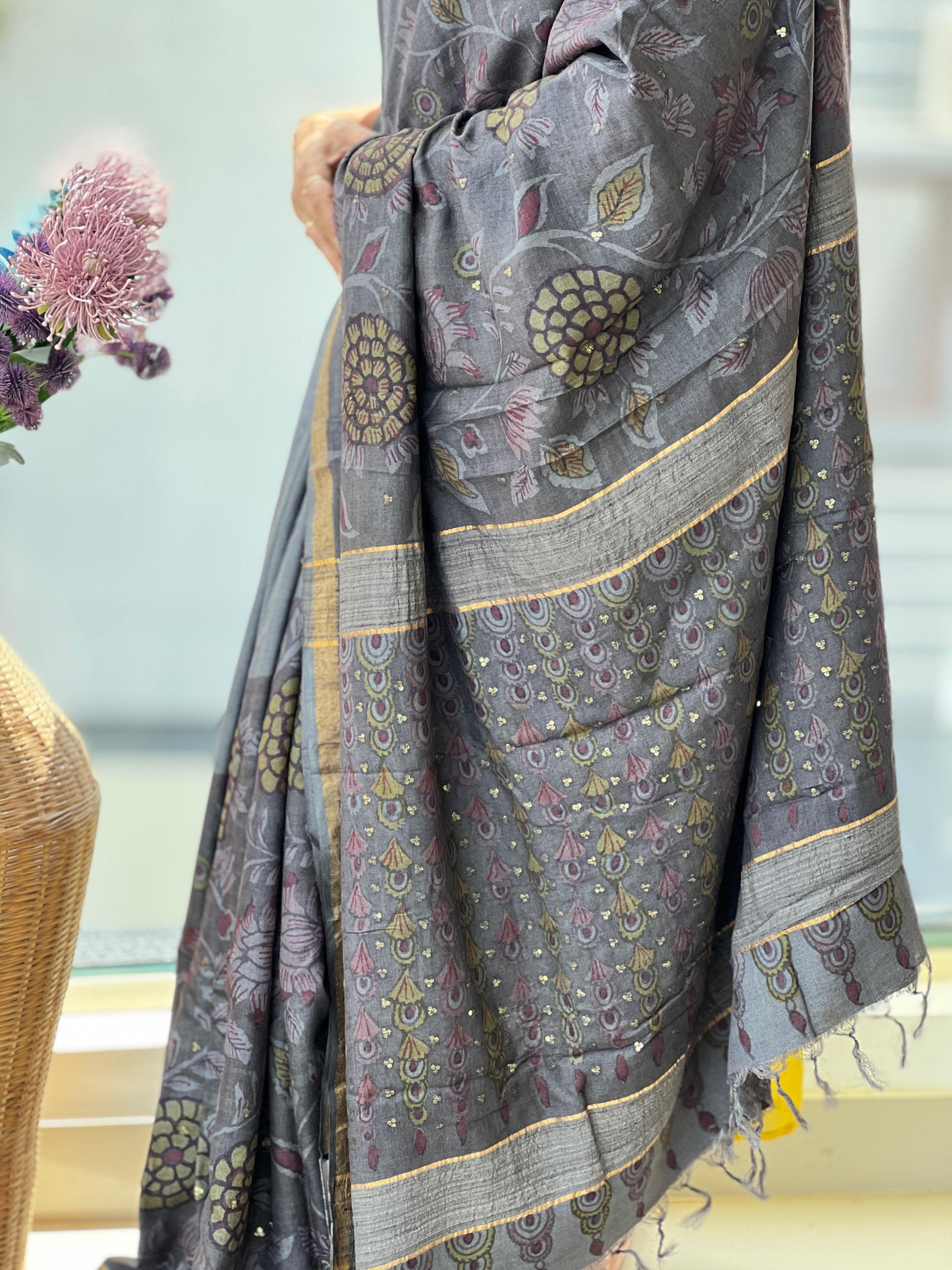 Pen Kalamkari With Basket Weaved Muga Tussar Saree | SHA102