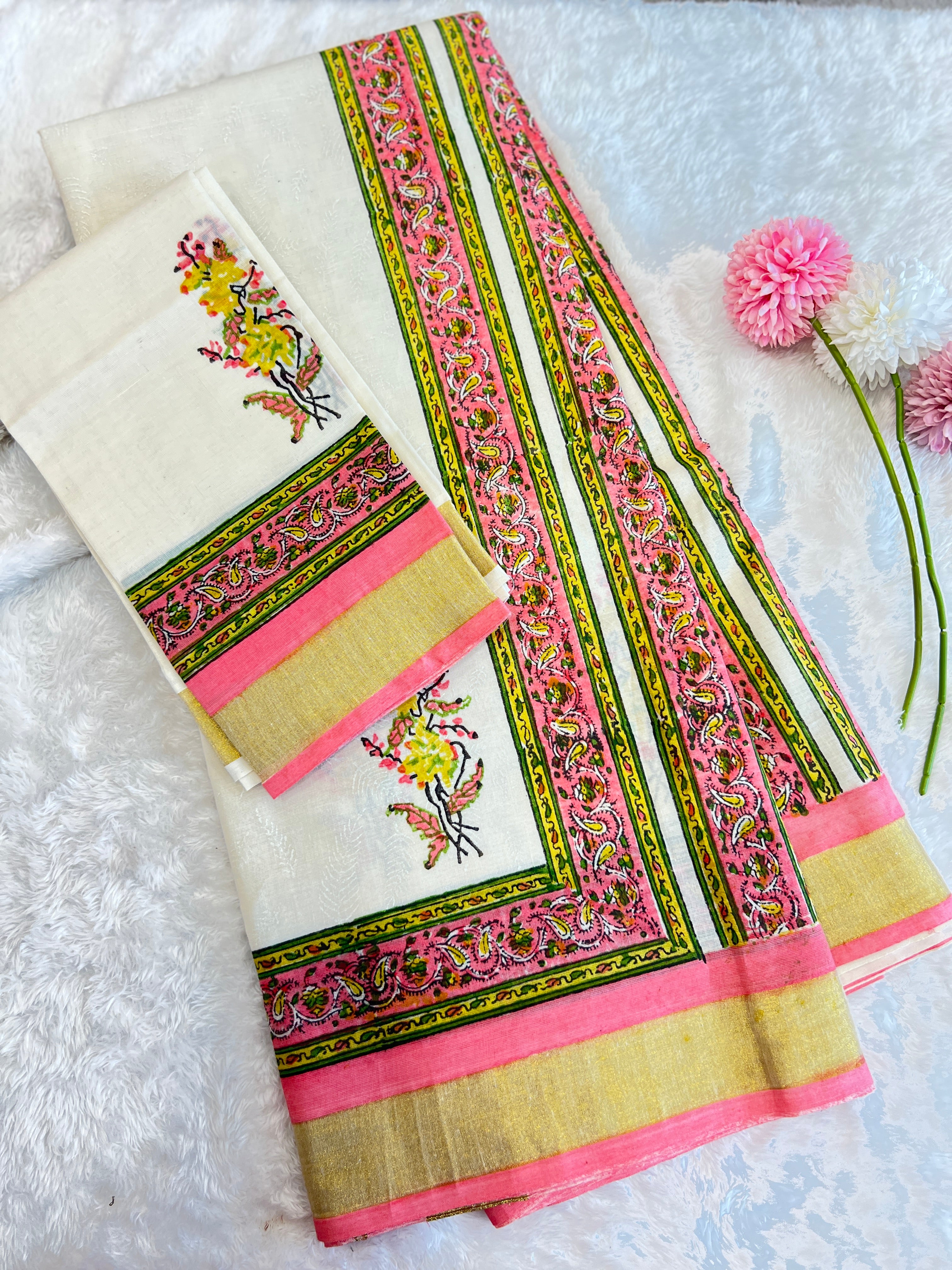 Traditional Block-Printed Kerala Cotton Saree | JSC737