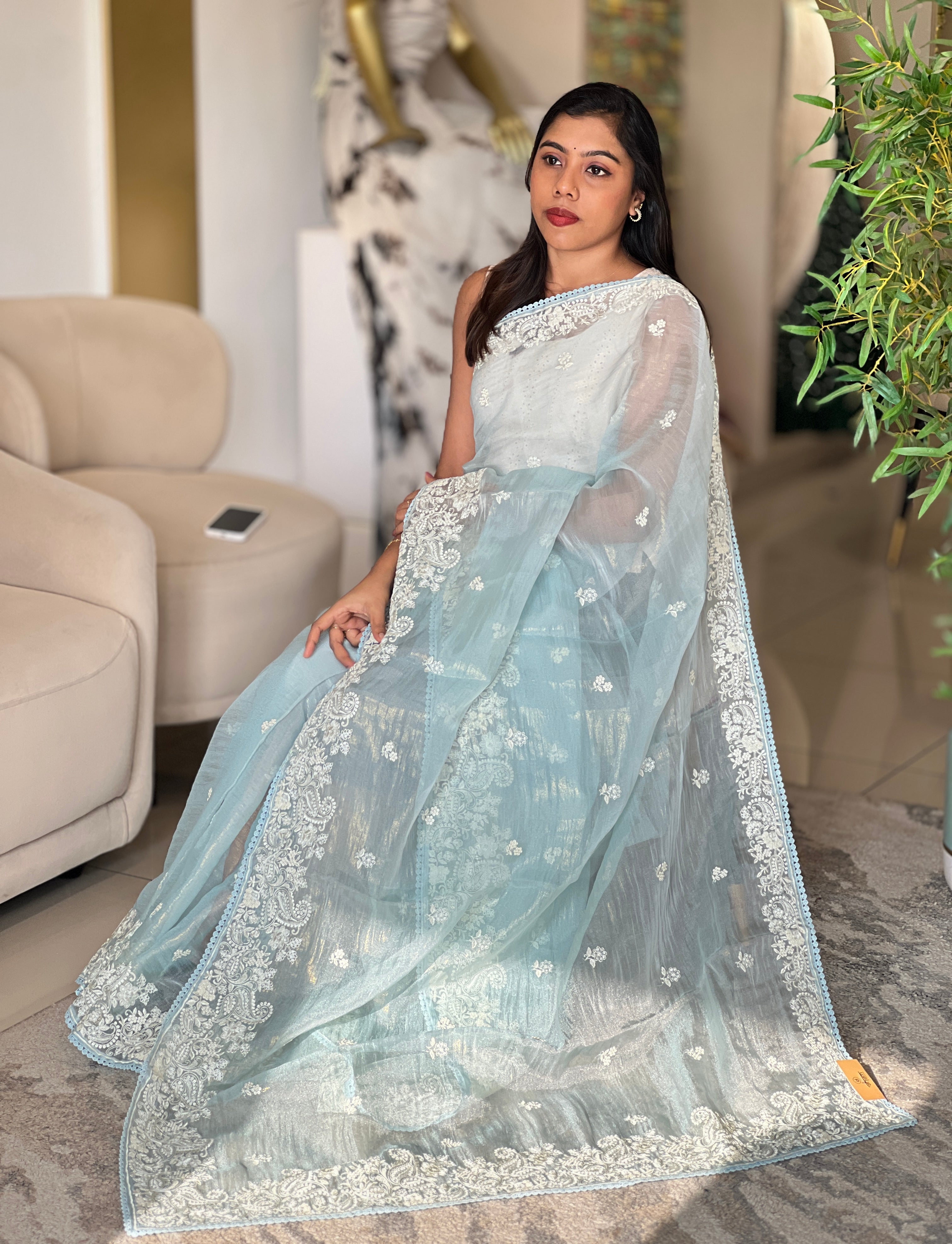 Lucknowi Embroidery Detailed Viscose Crushed Organza Saree | BLD2159