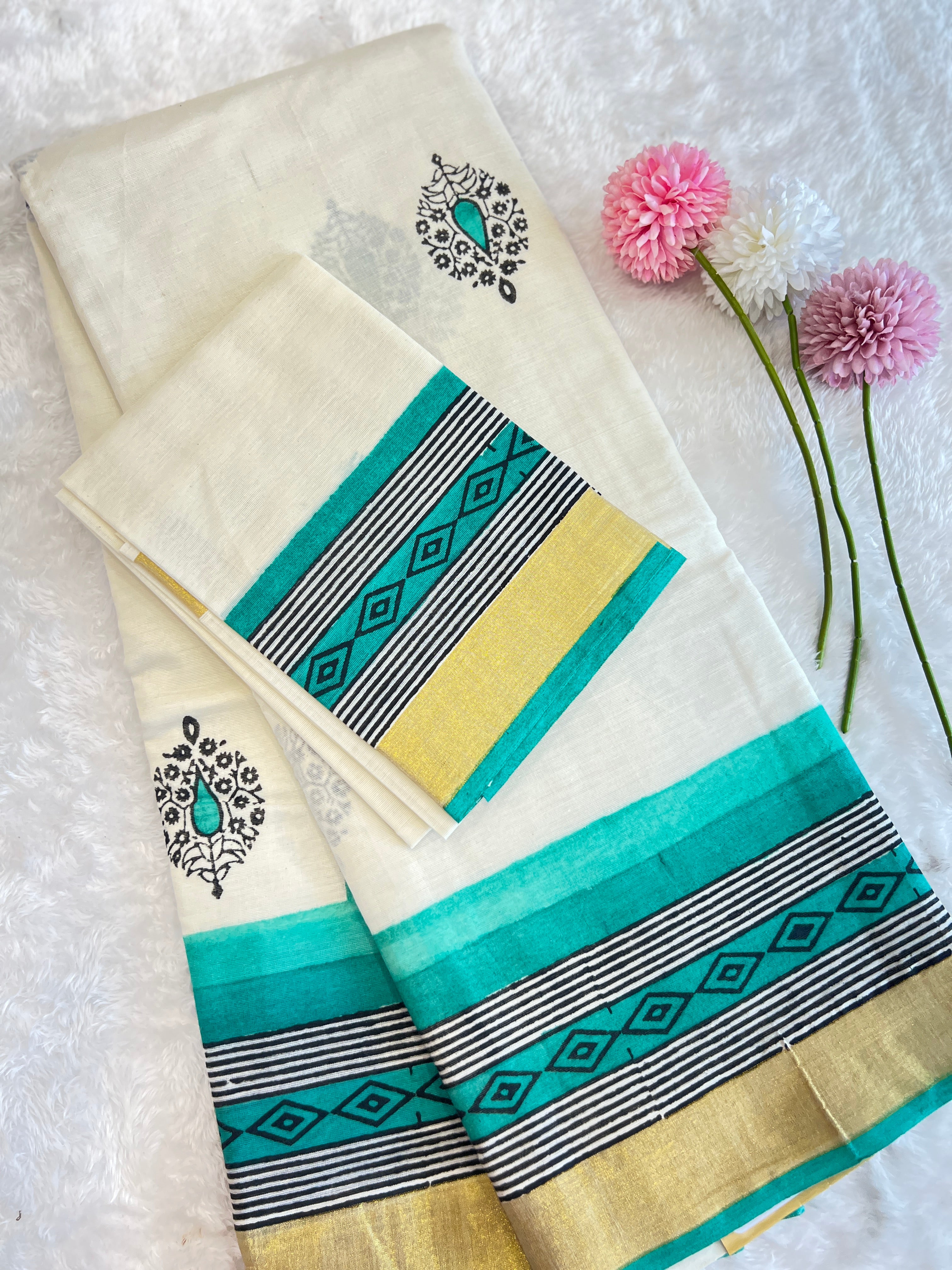 Traditional Block-Printed Kerala Cotton Saree | JSC732