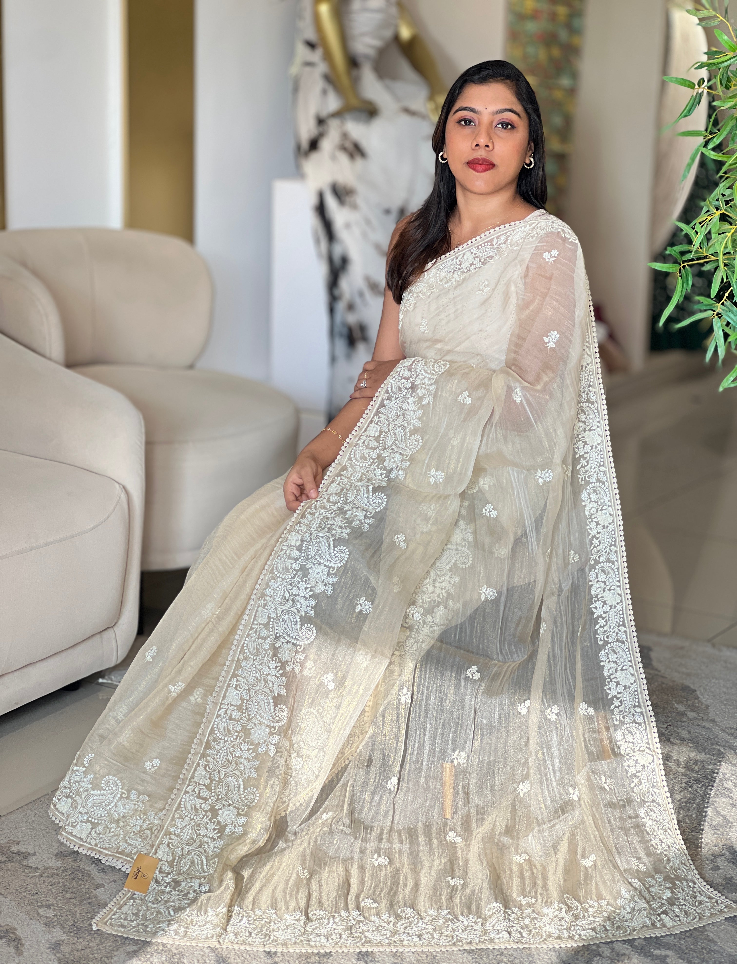 Lucknowi Embroidery Detailed Viscose Crushed Organza Saree | BLD2162