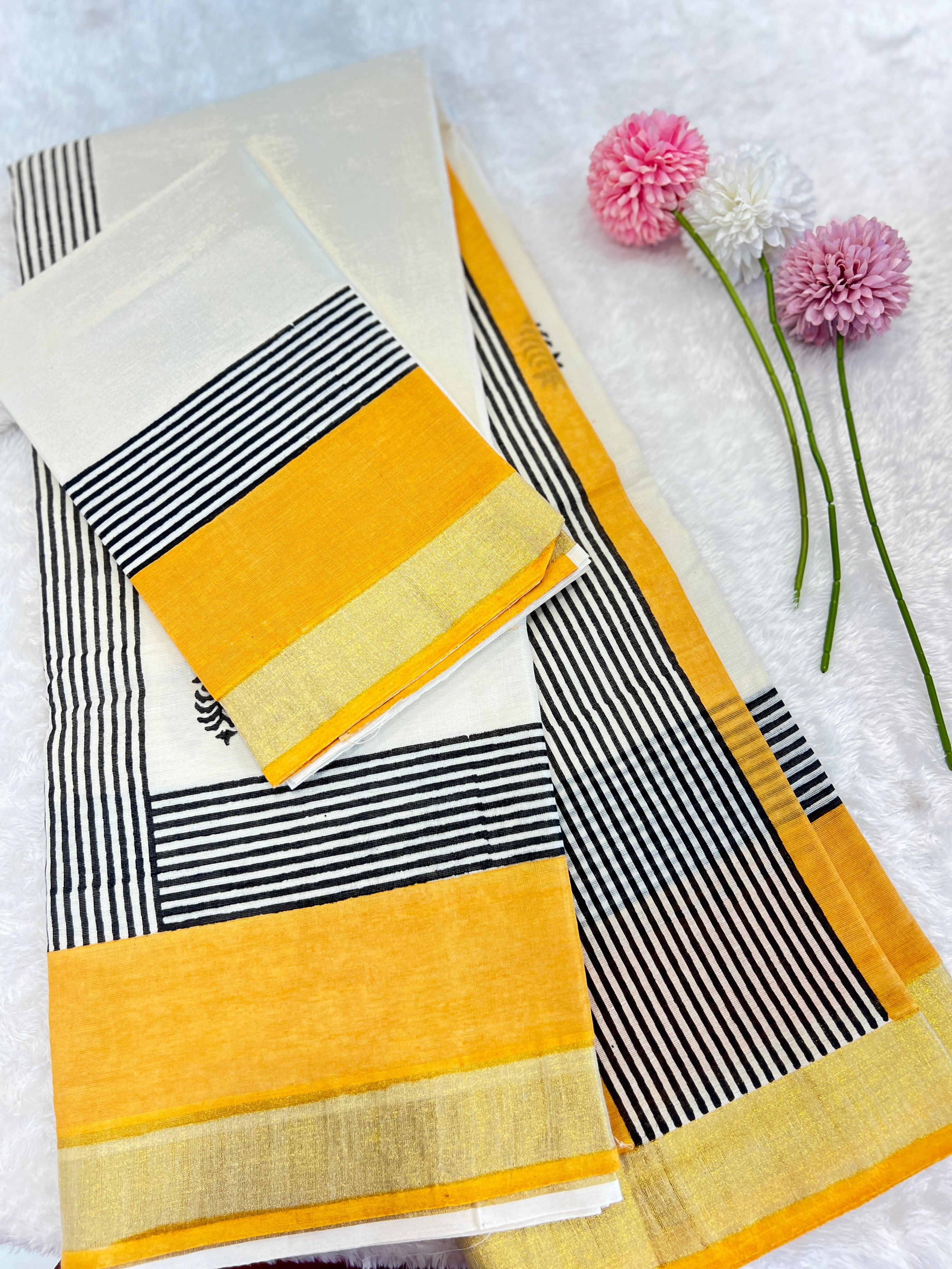 Traditional Block-Printed Kerala Cotton Saree JSC736