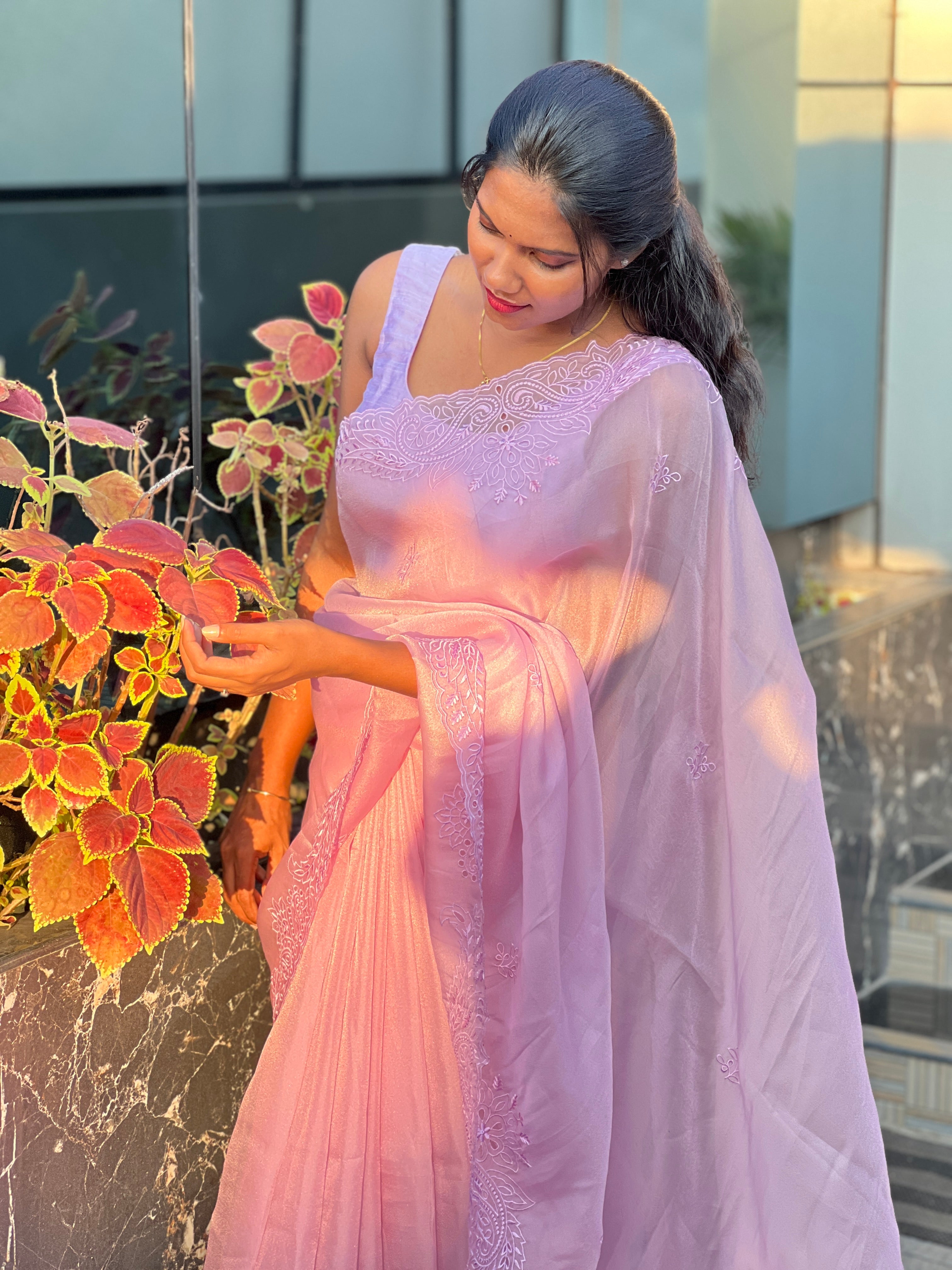 Floral Machine Embroidery Shimmer Organza Saree | BLD2068