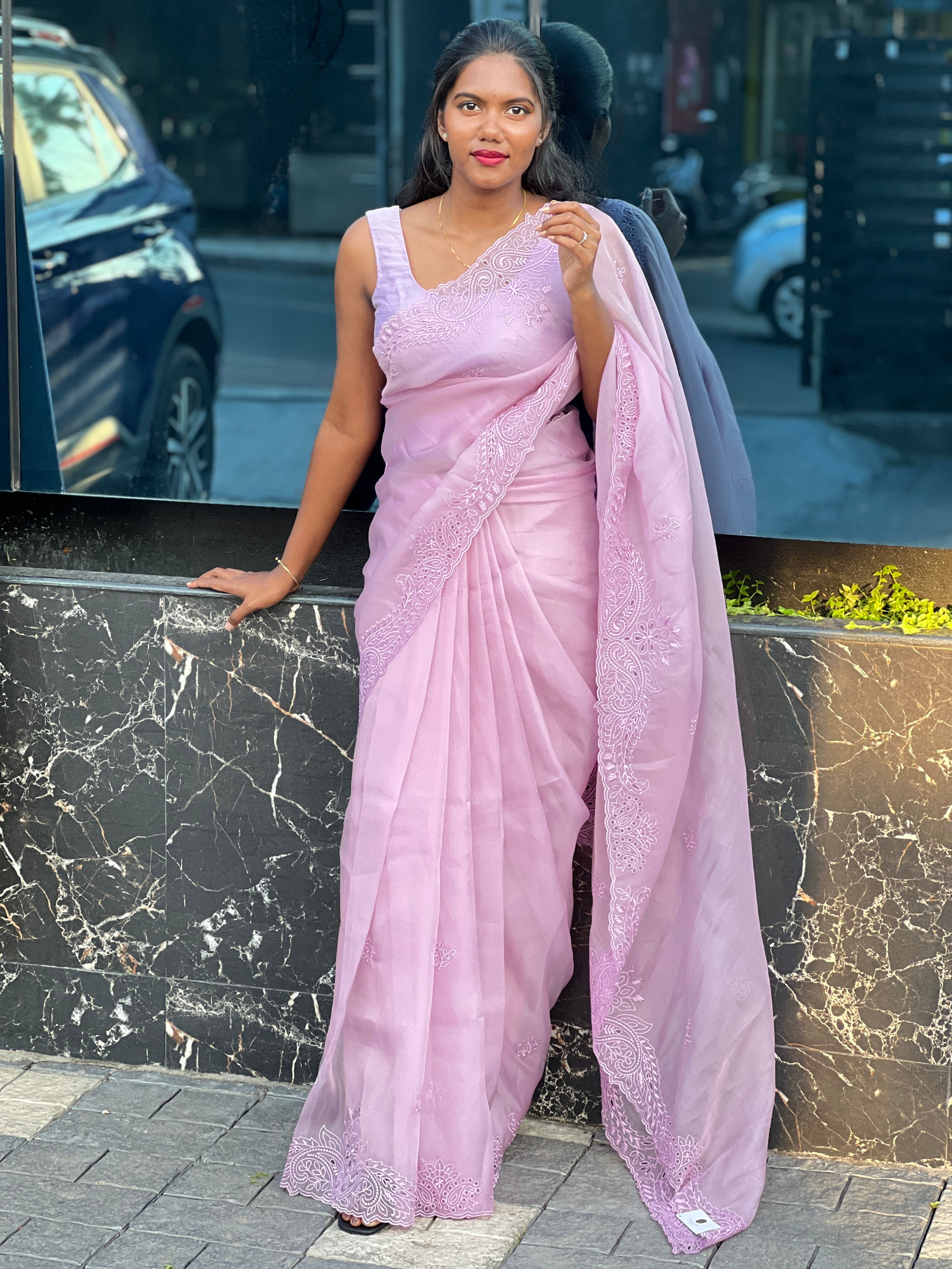 Floral Machine Embroidery Shimmer Organza Saree | BLD2068