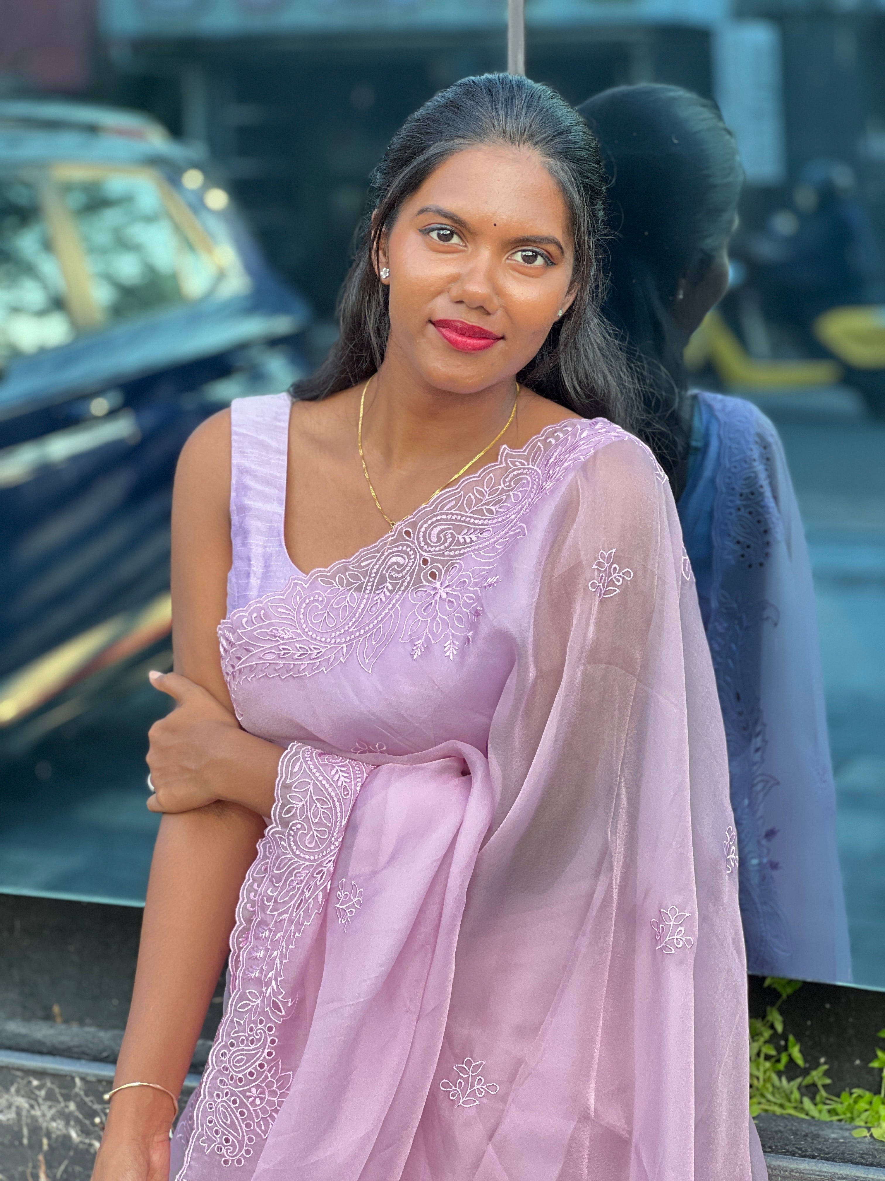 Floral Machine Embroidery Shimmer Organza Saree | BLD2068