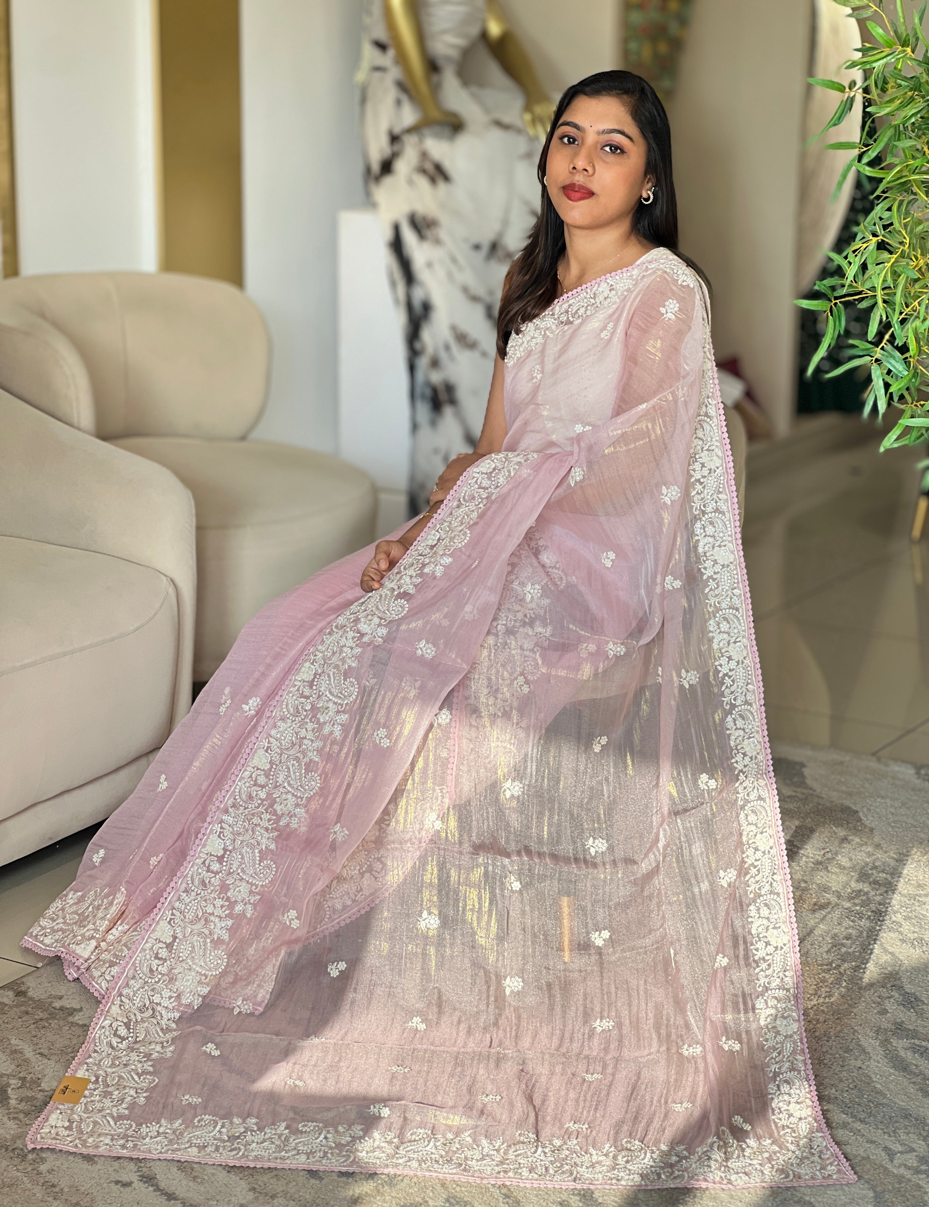 Lucknowi Embroidery Detailed Viscose Crushed Organza Saree | BLD2163