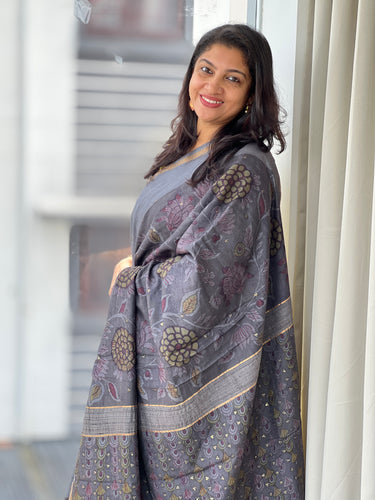 Pen Kalamkari With Basket Weaved Muga Tussar Saree | SHA102