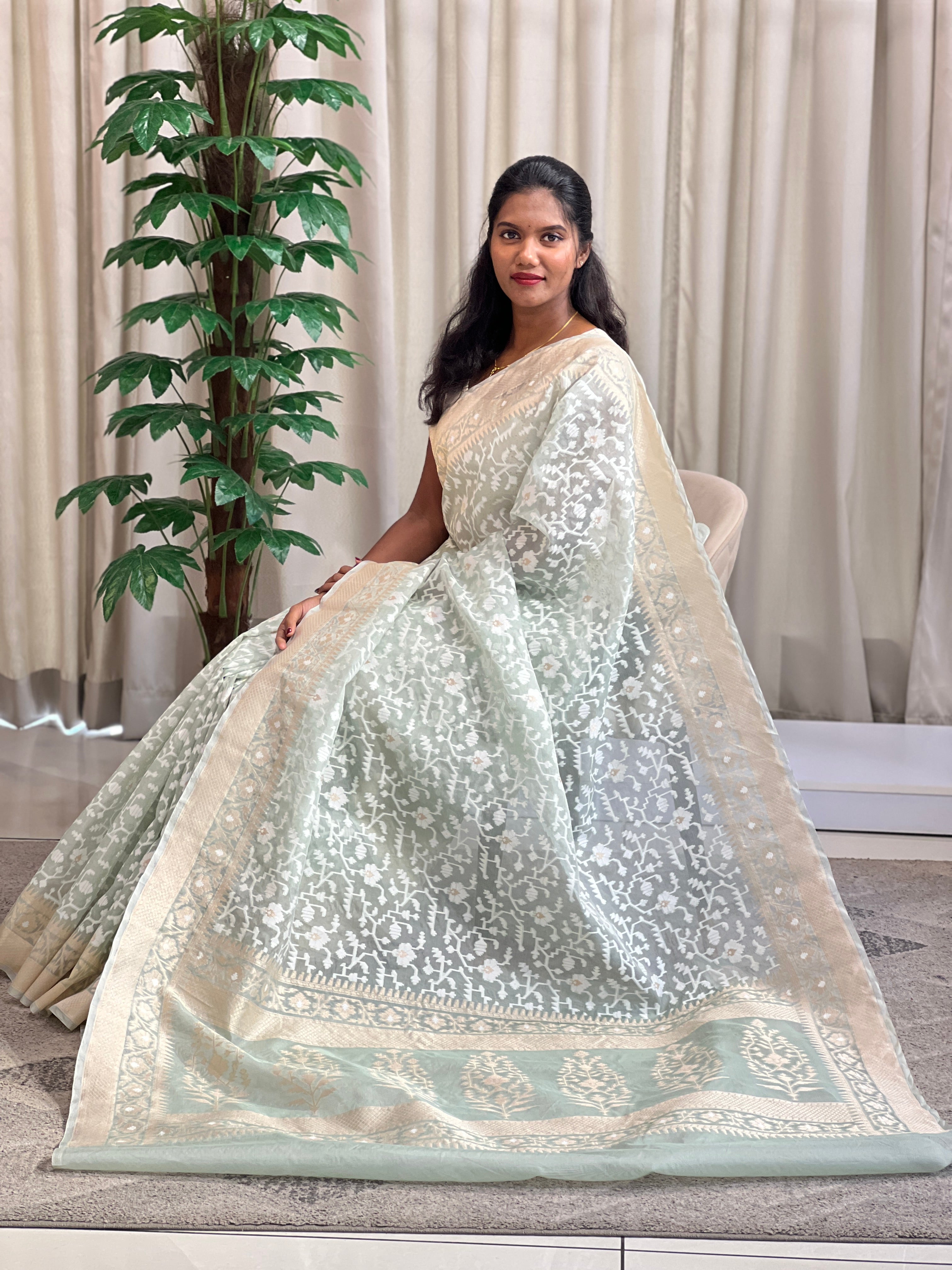 Traditional Jamdani Weave Pure Kora Banarasi Saree |  KMM159
