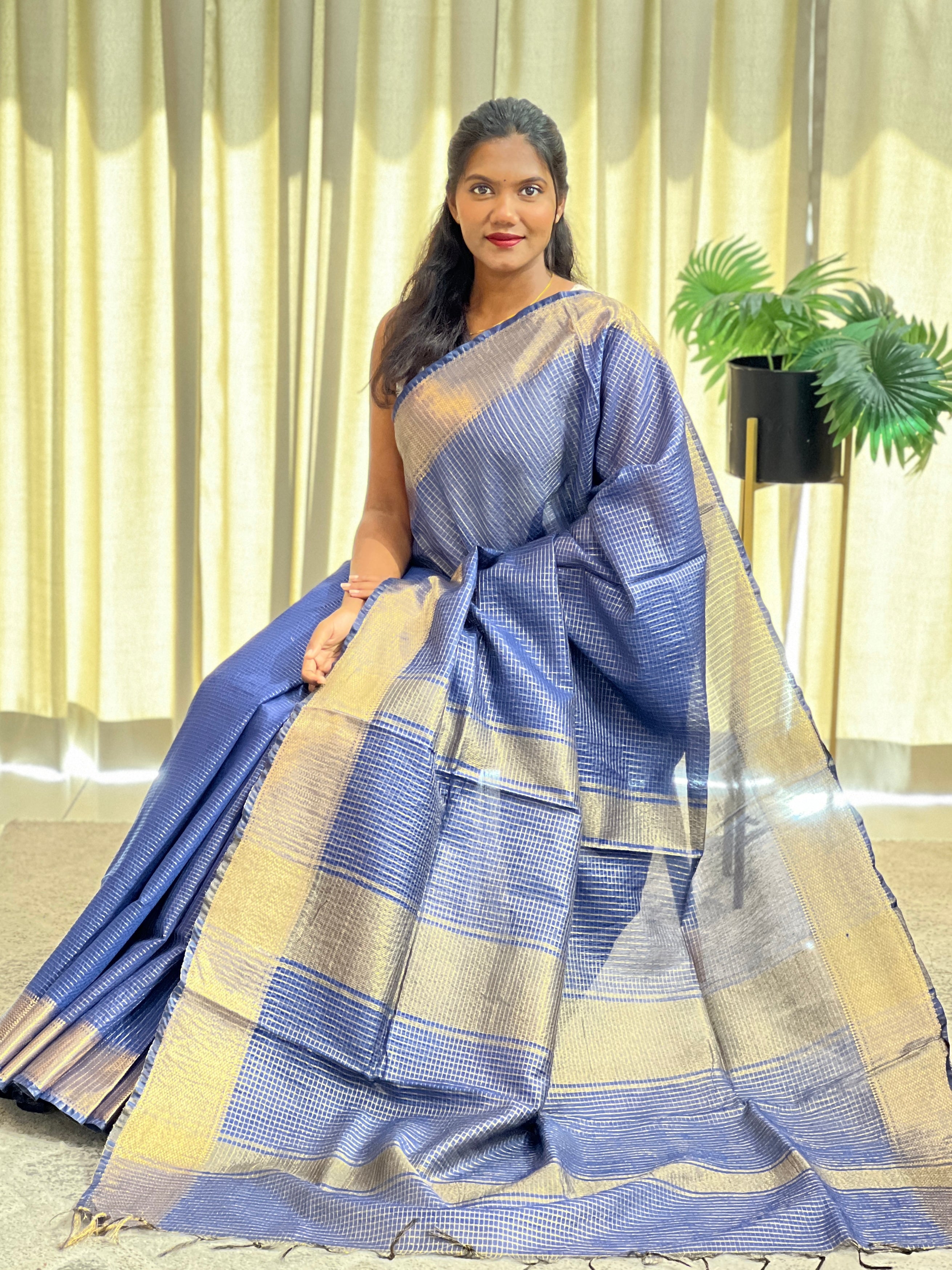 Check Pattern Bhagalpuri Linen Saree | NHH651