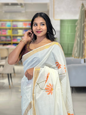Floral Printed Kerala Cotton Saree | BLD448