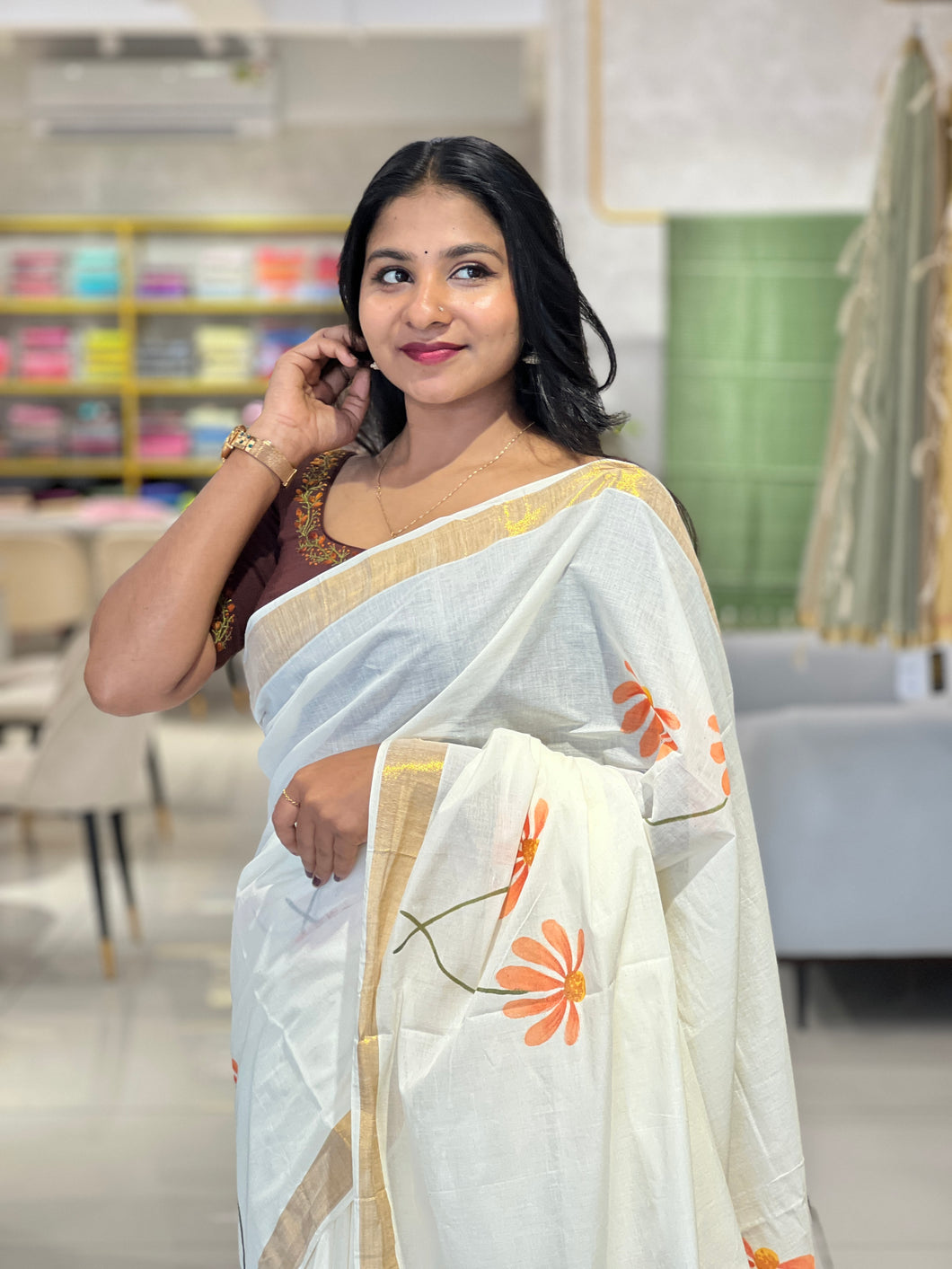 Floral Printed Kerala Cotton Saree | BLD448