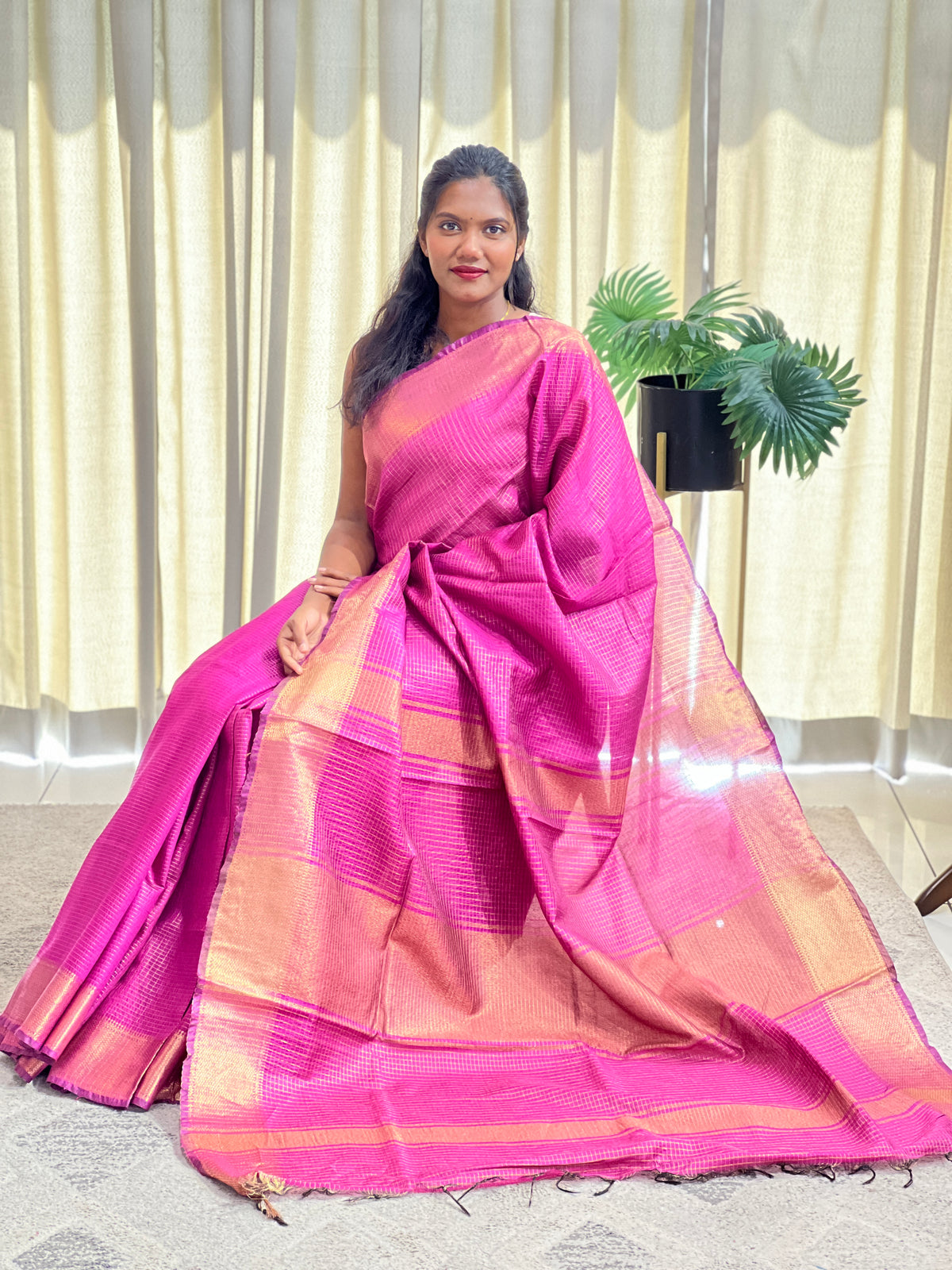 Check Pattern Bhagalpuri Linen Saree | NHH650