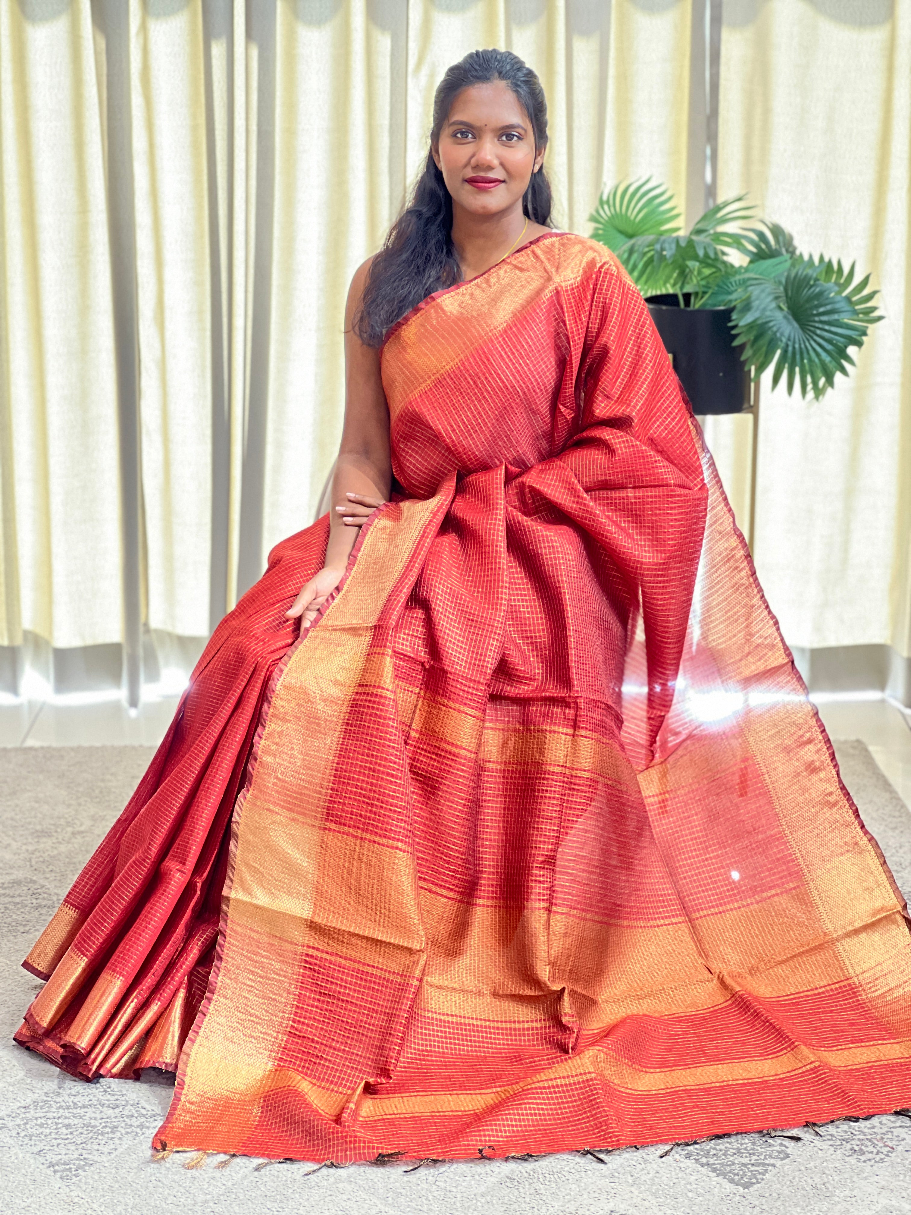 Check Pattern Bhagalpuri Linen Saree | NHH648
