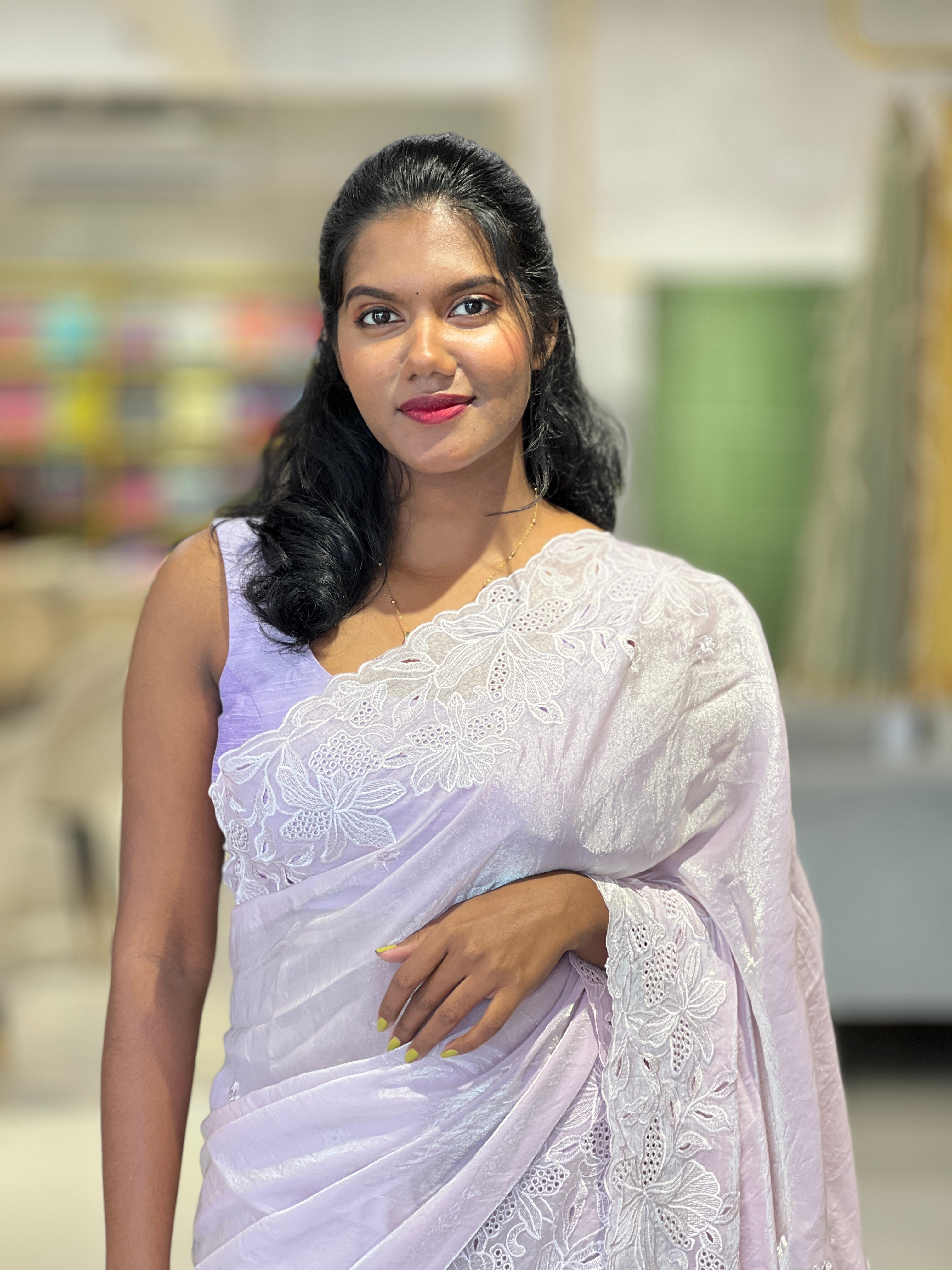 Cut-work Machine Embroidery Border Glass Orgnza Saree | BLD486