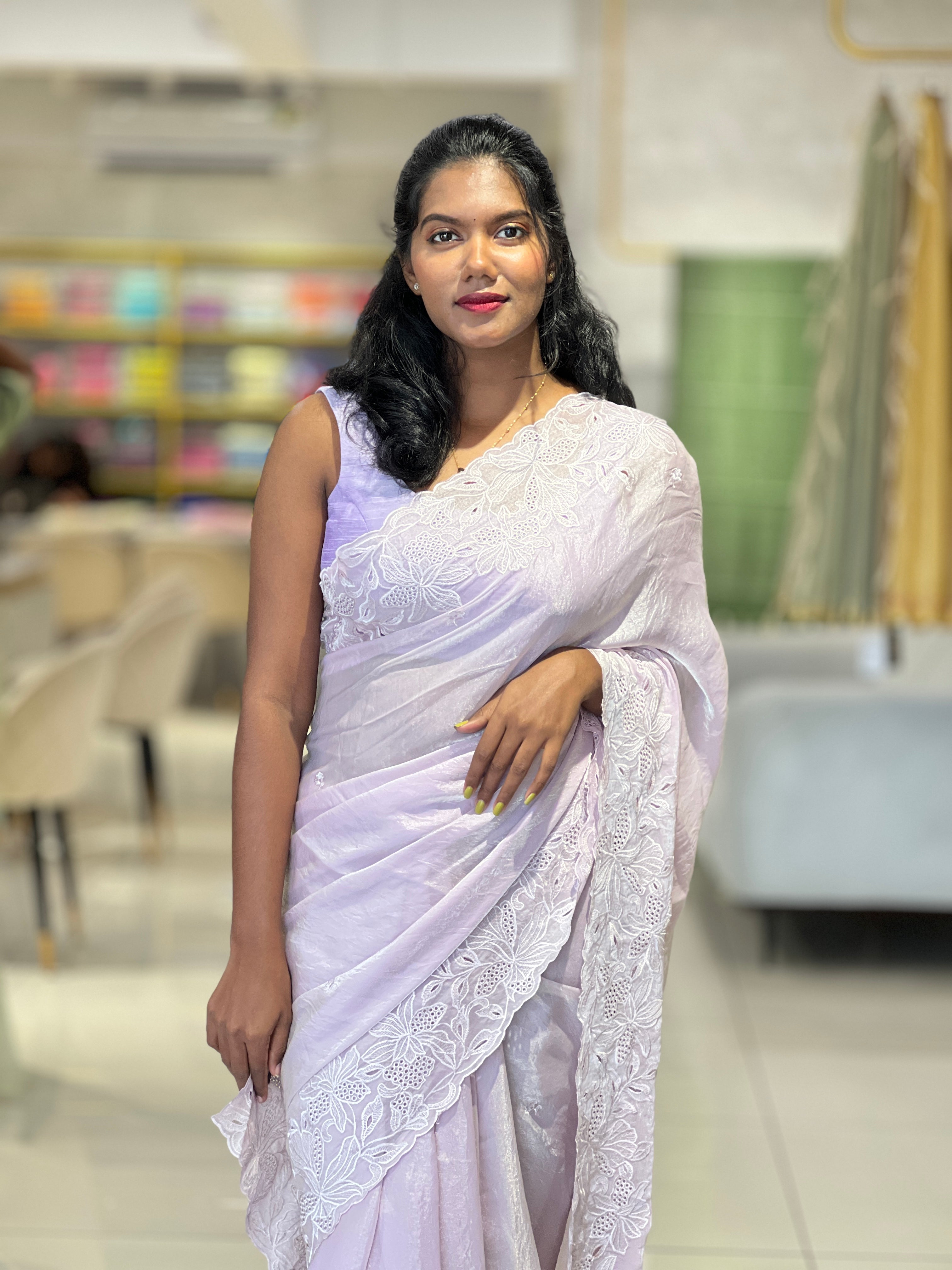 Cut-work Machine Embroidery Border Glass Orgnza Saree | BLD486