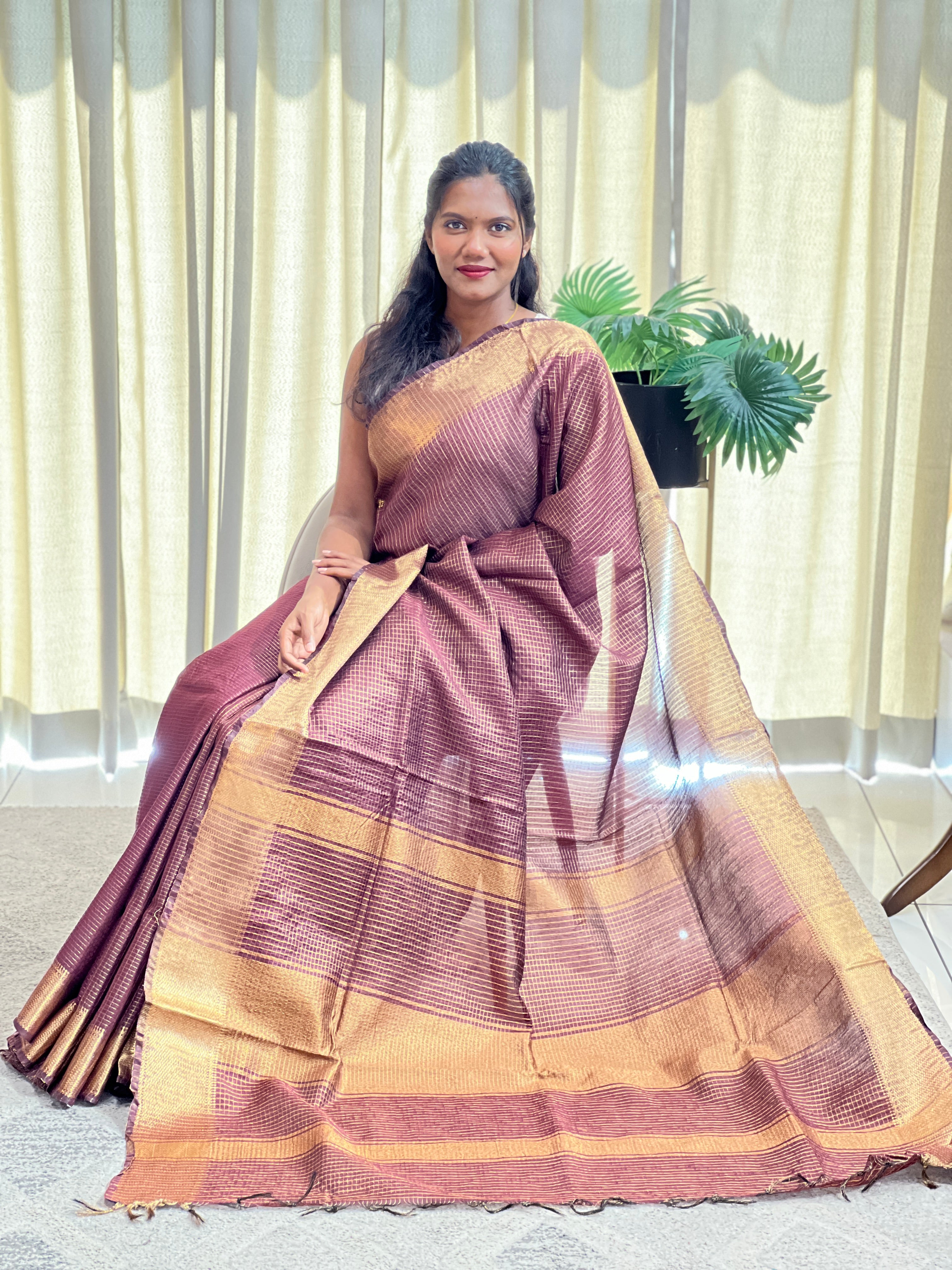 Check Pattern Bhagalpuri Linen Saree | NHH647