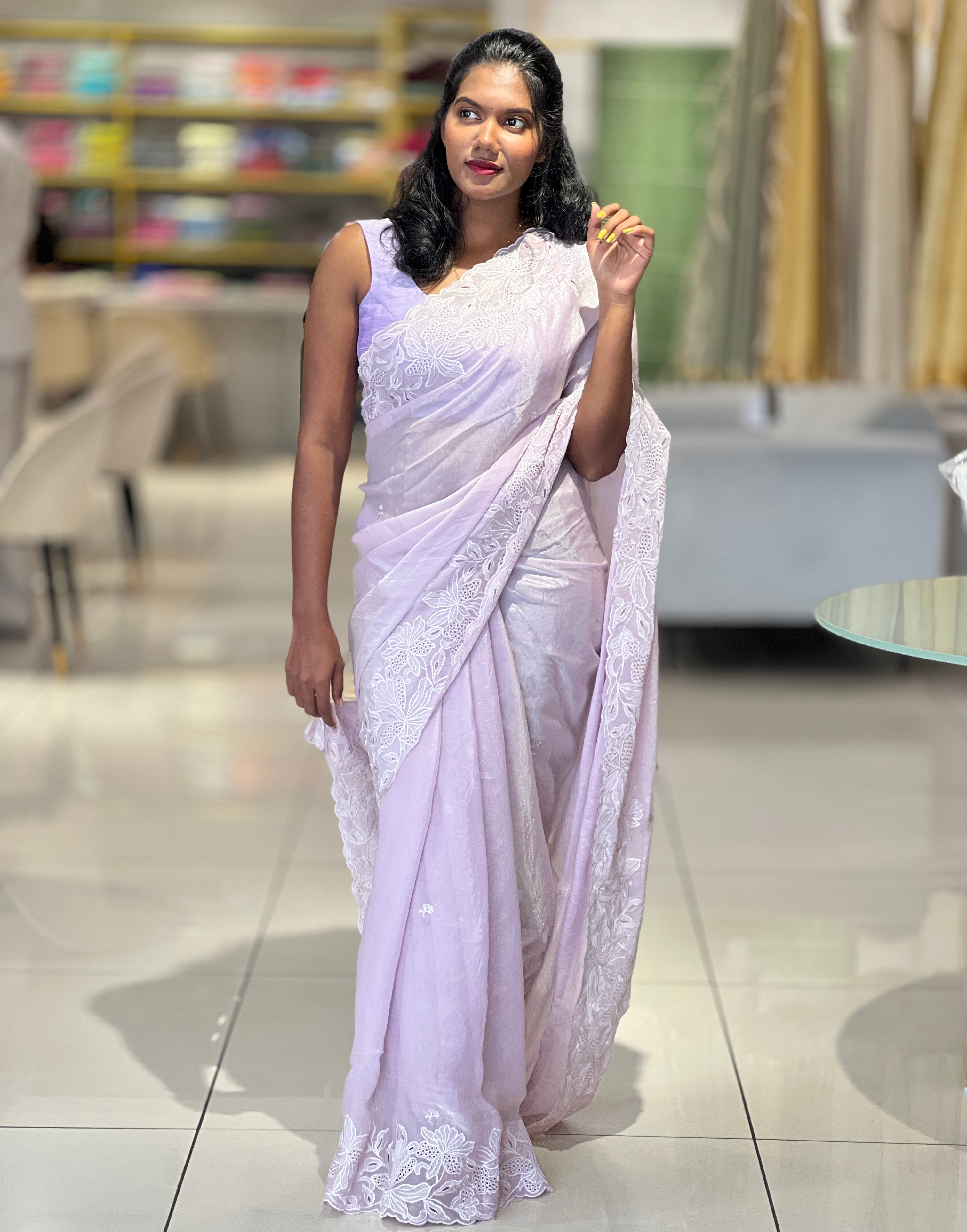 Cut-work Machine Embroidery Border Glass Orgnza Saree | BLD486